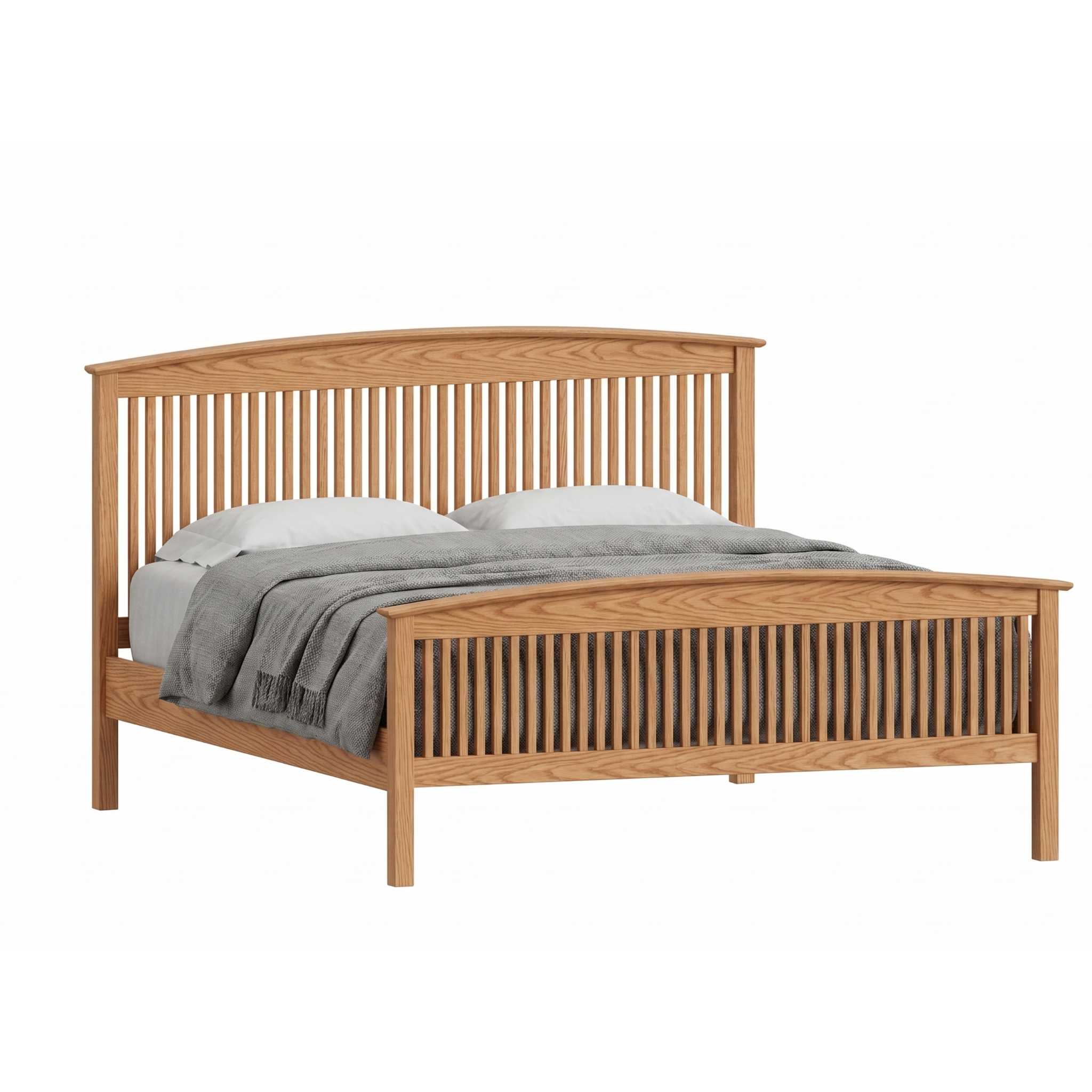 Solid oak wood Shaker spindle bed frame with arched headboard and matching footboard
