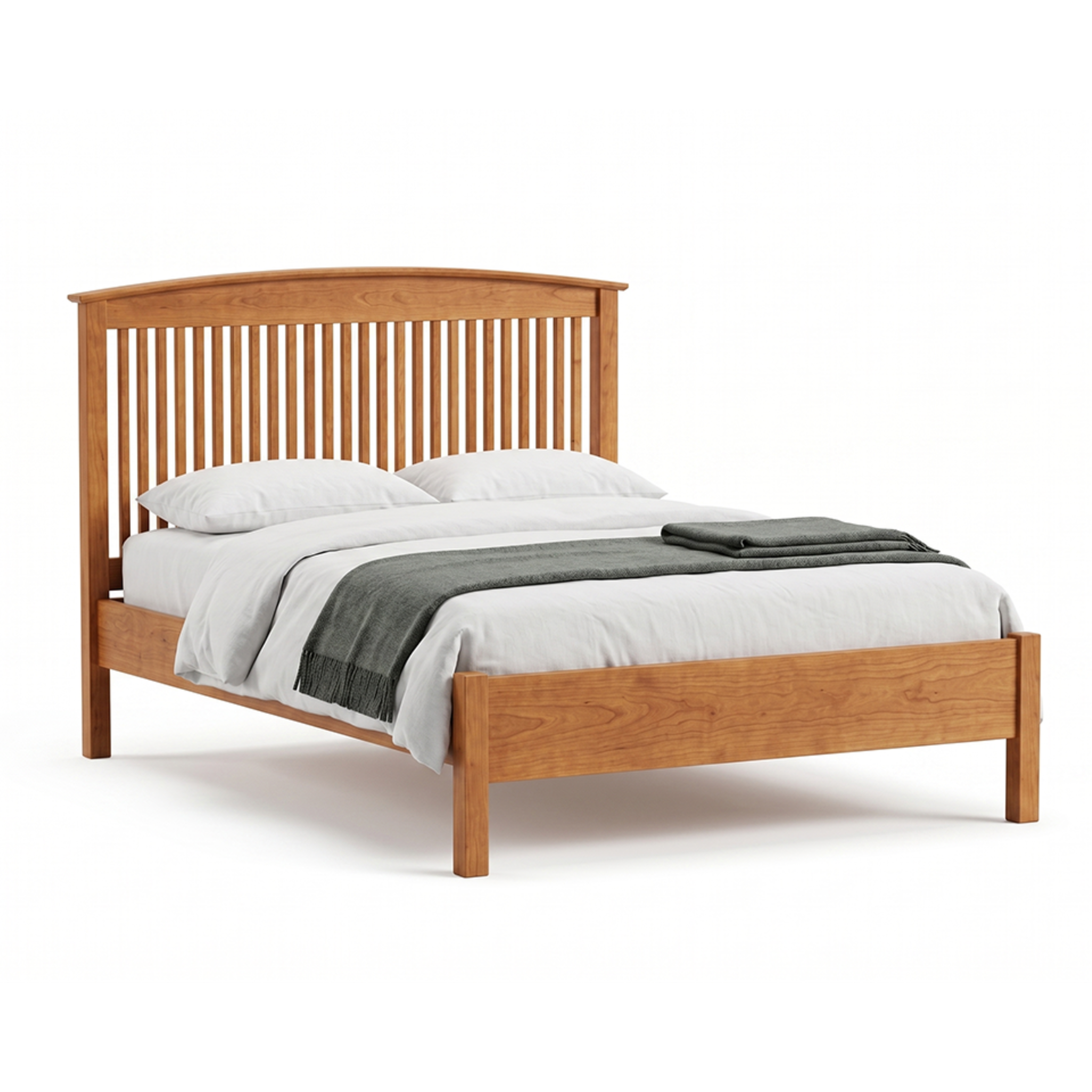 Shaker solid cherry wood spindle bed frame with arched headboard and low footboard