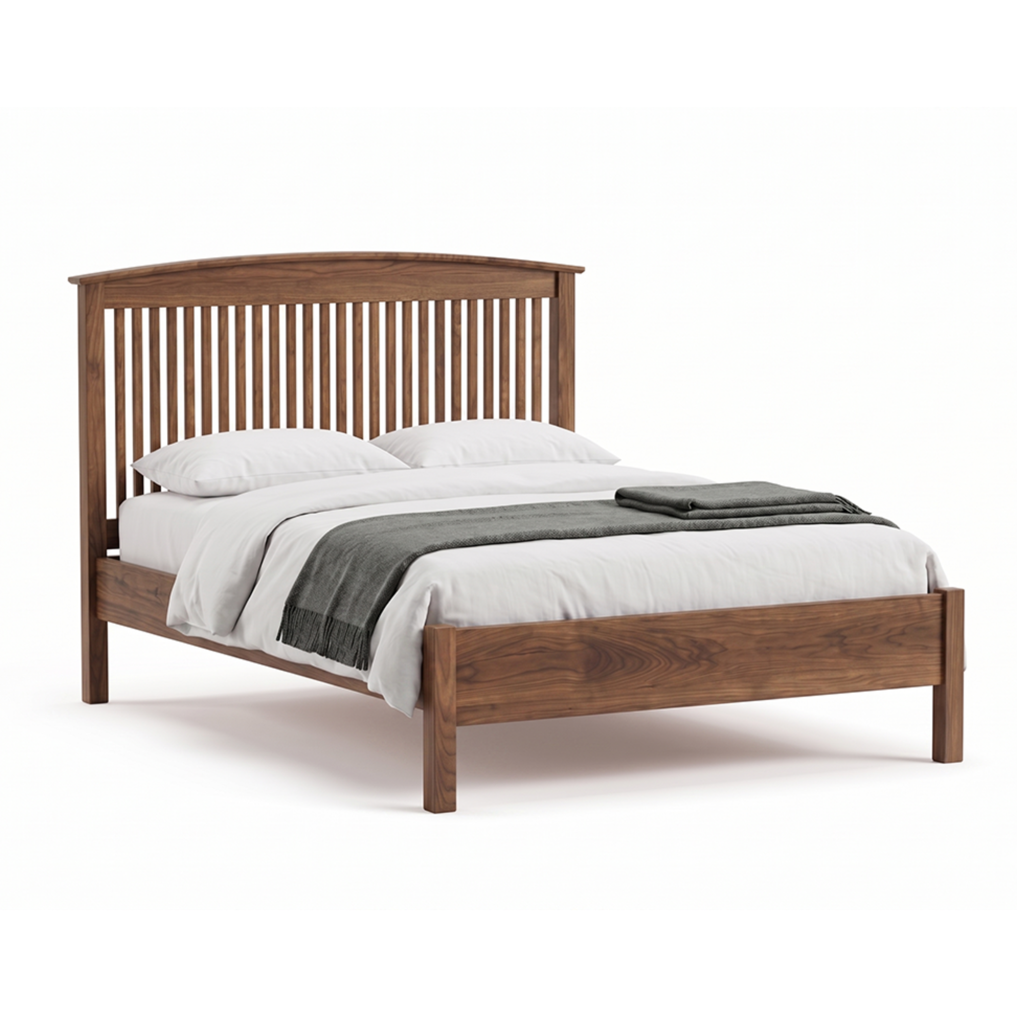 Shaker style solid walnut wood spindle bed frame with arched headboard and low footboard