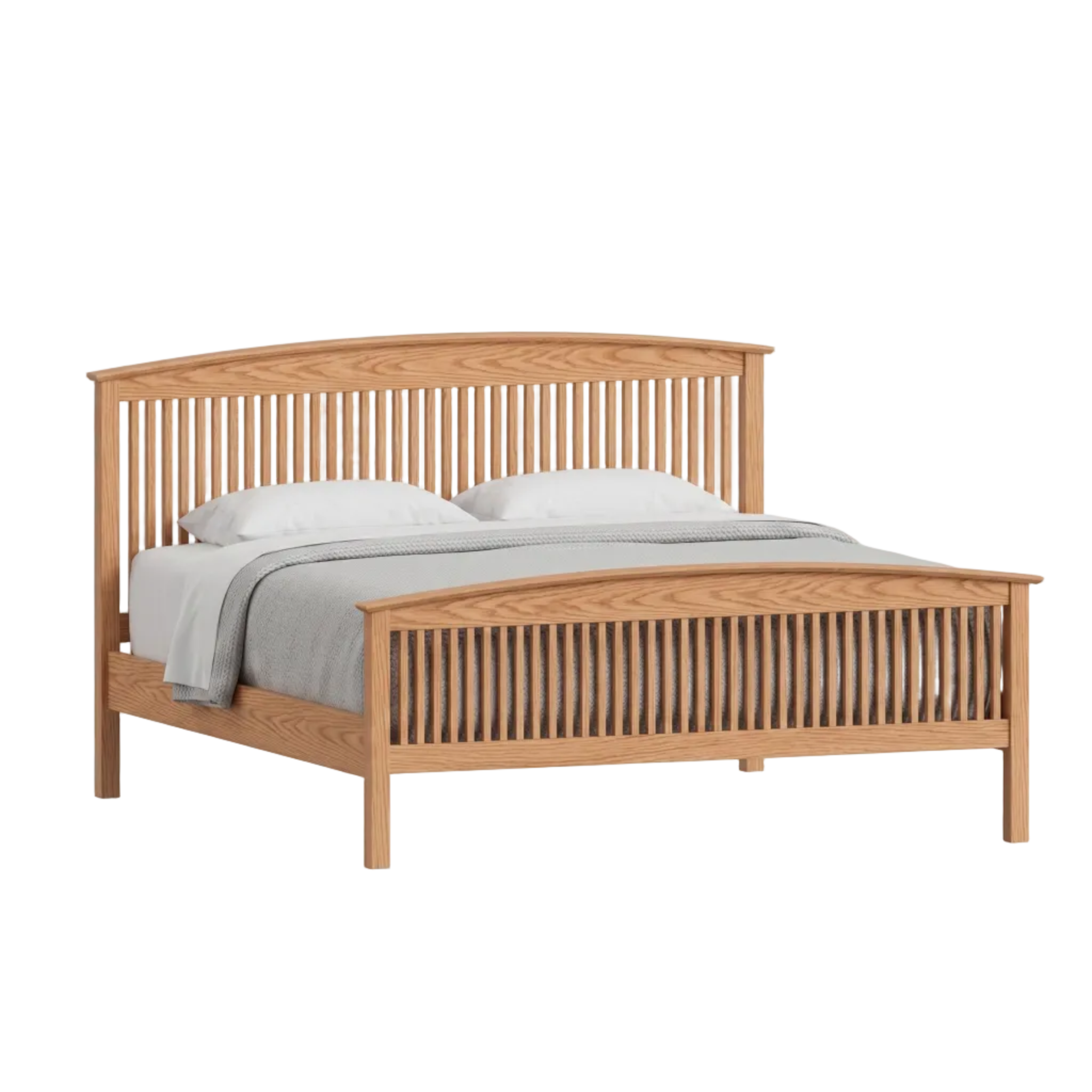 Solid oak wood Shaker spindle bed frame with arched headboard and matching footboard