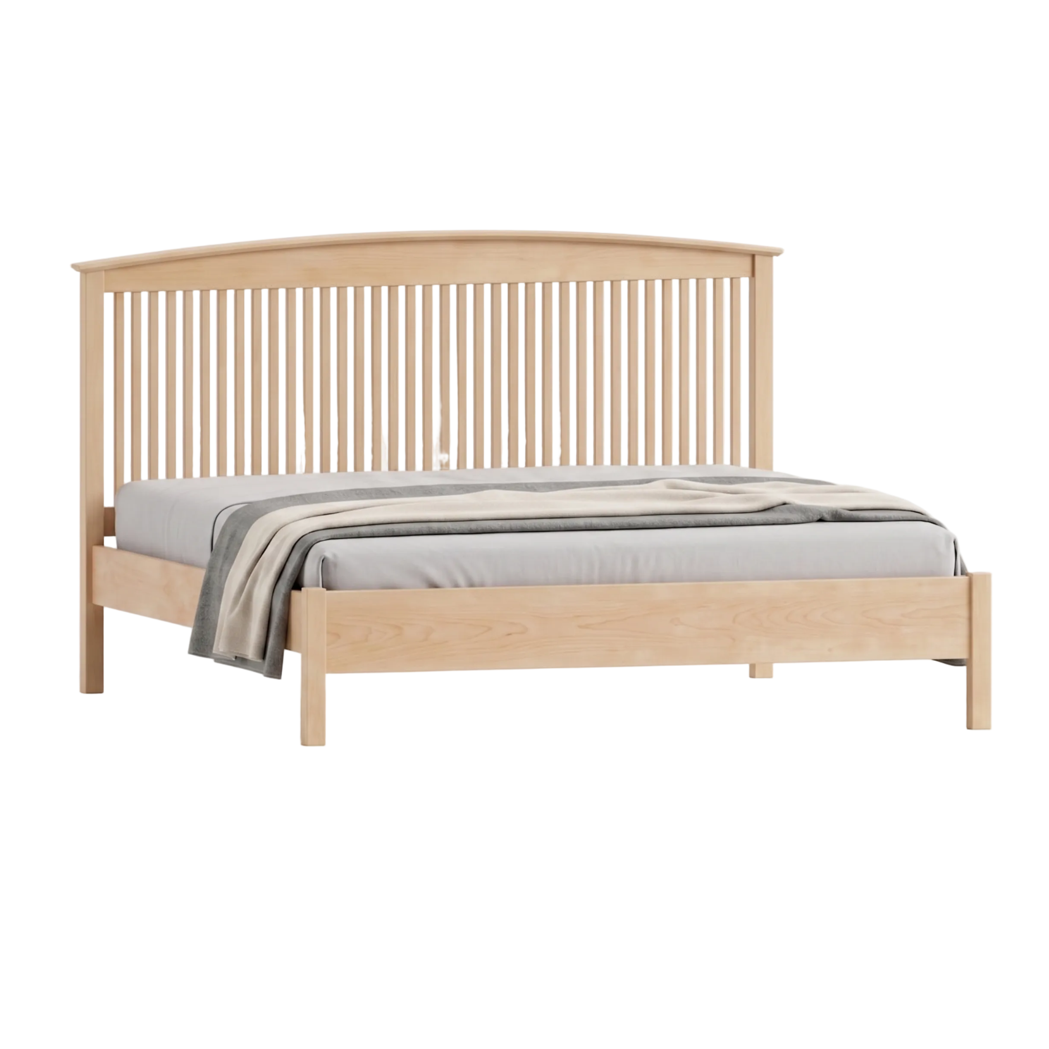 Solid maple Shaker spindle bed frame with curved headboard