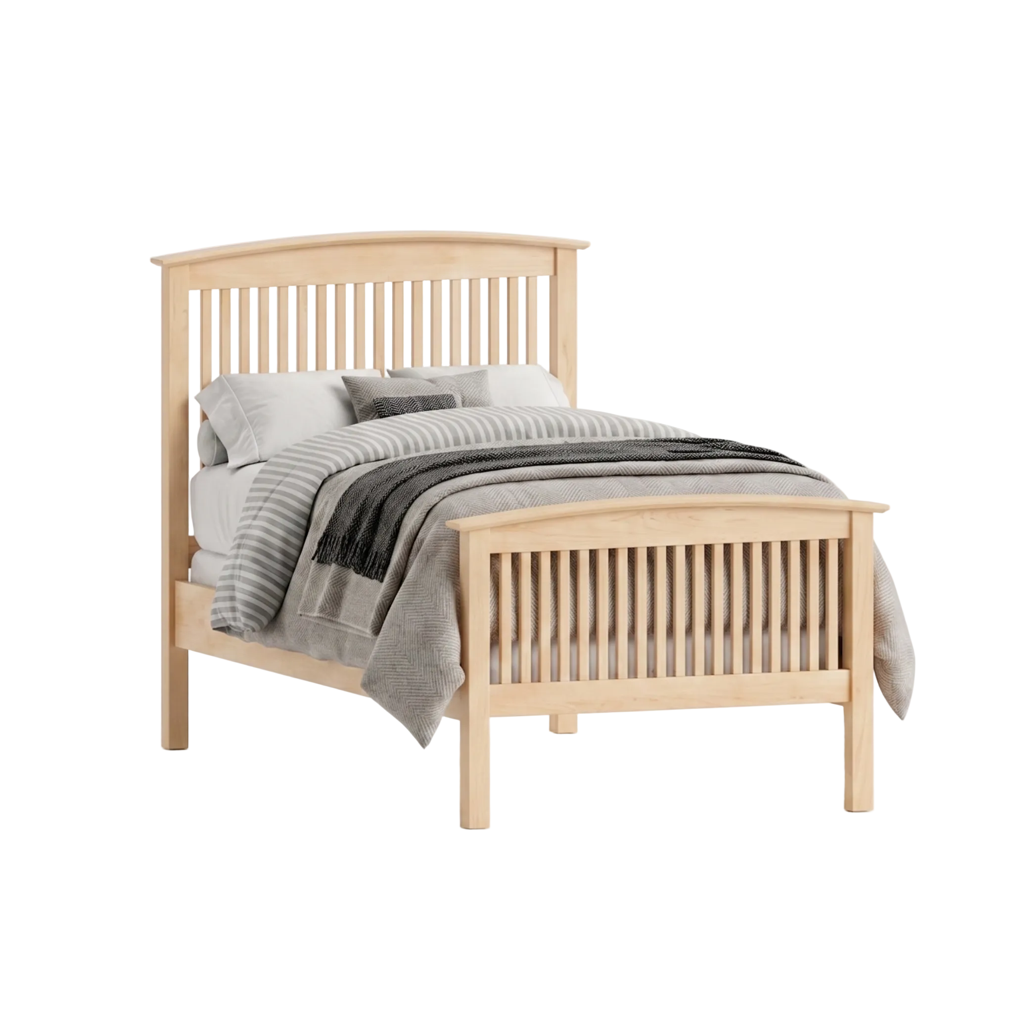 Maple Shaker style bed with vertical spindle headboard and footboard