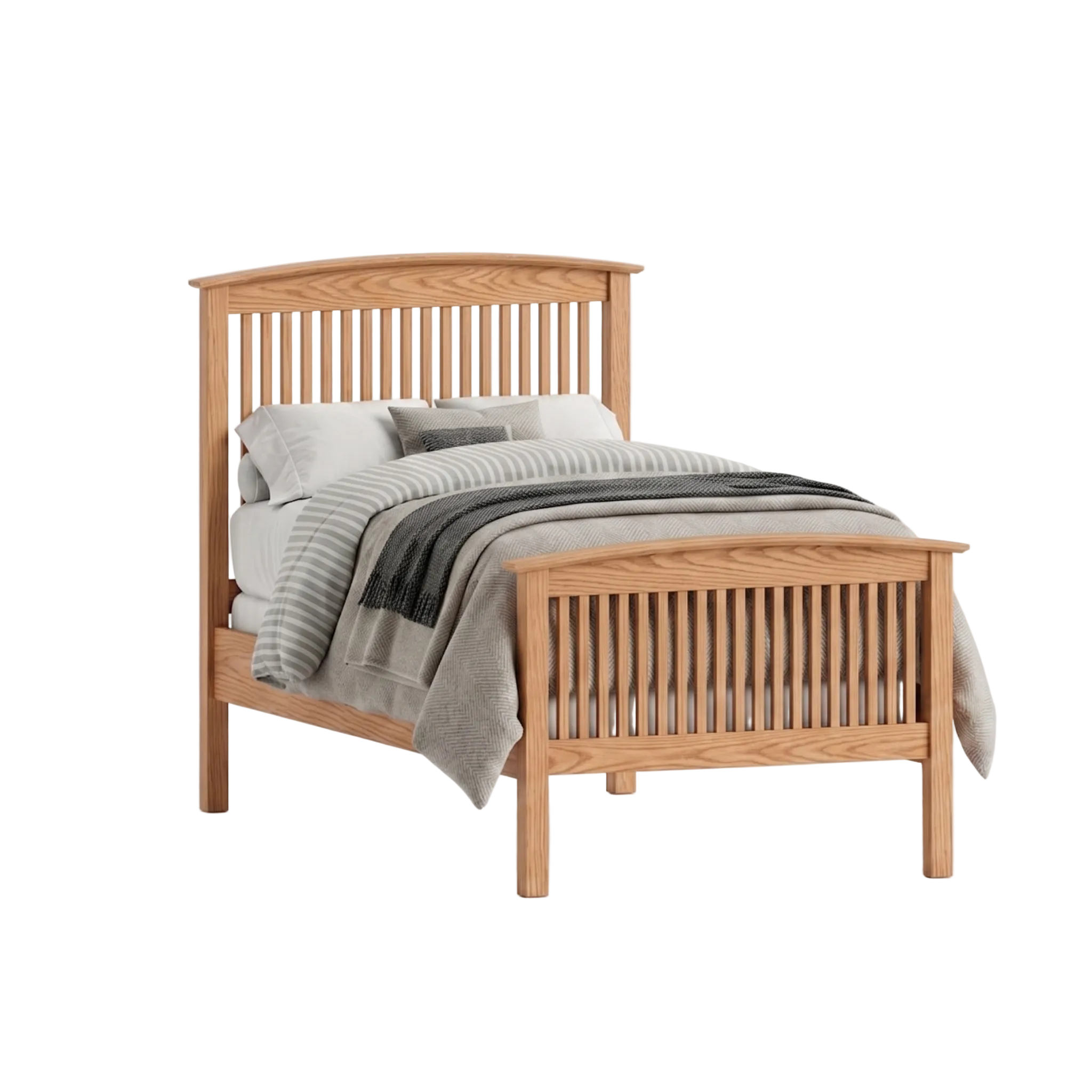 Solid oak wood Shaker spindle bed frame with arched headboard and matching footboard