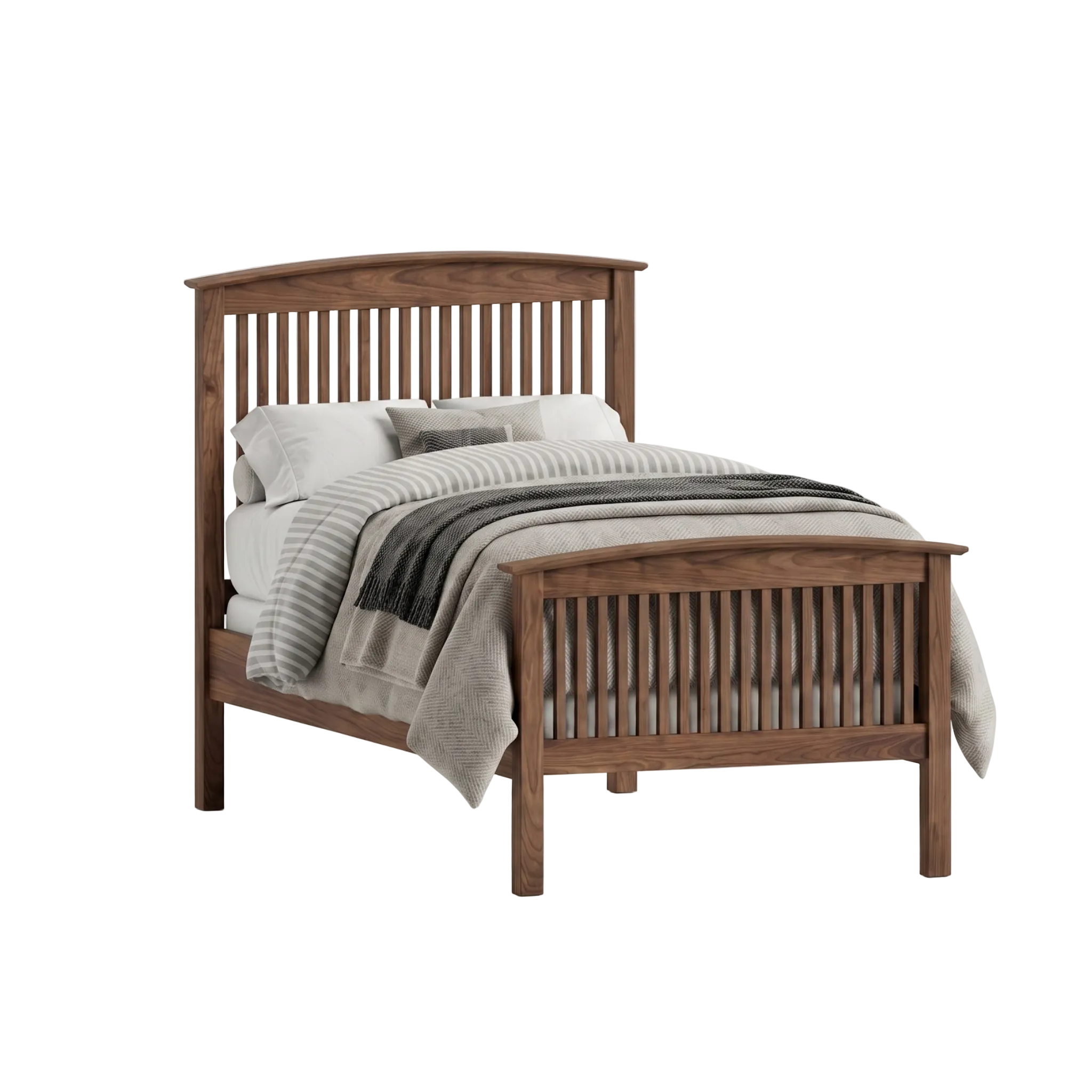 Walnut wood spindle bed frame Shaker style with full footboard