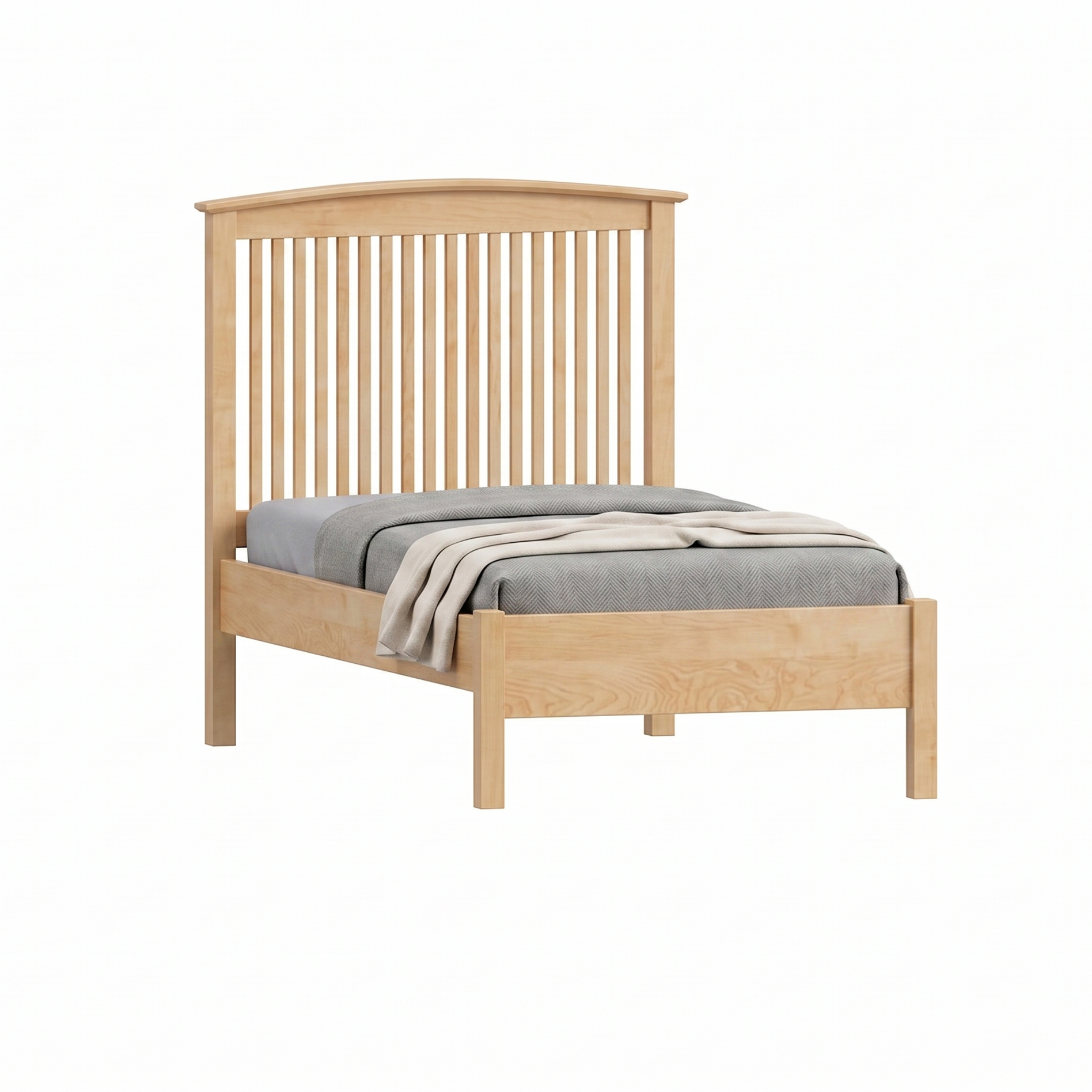 Solid wood maple bed frame with spindle headboard Shaker design