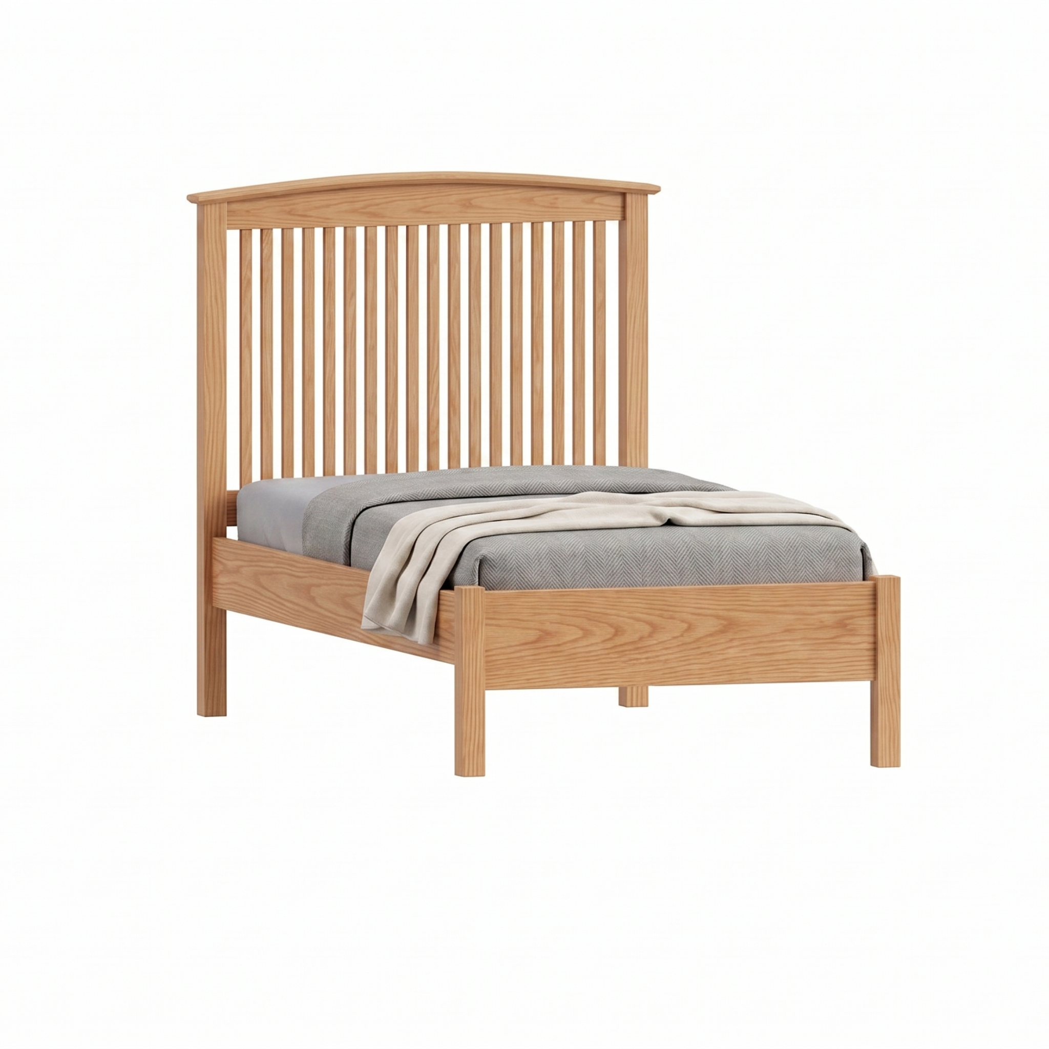 Oak Shaker style bed frame with arched spindle headboard