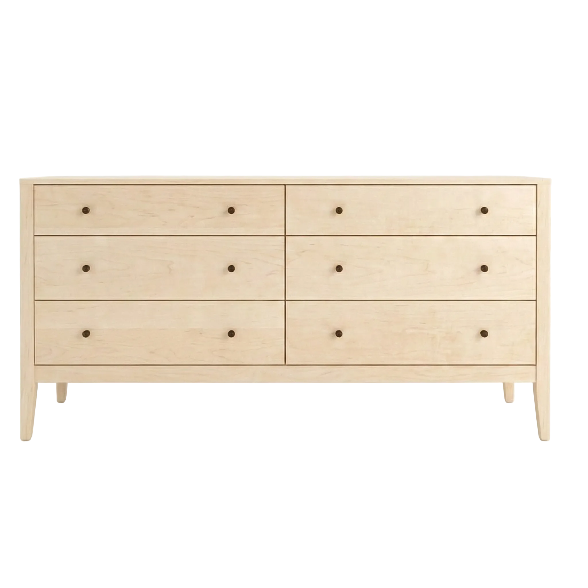 Experience the exceptional quality of authentic Vermont craftsmanship with this six-drawer dresser. Built to last from sustainably sourced solid wood, this piece features durable dovetail joinery and is finished with classic round knobs for a timeless look. Show in Maple Natural Wood with black knobs.