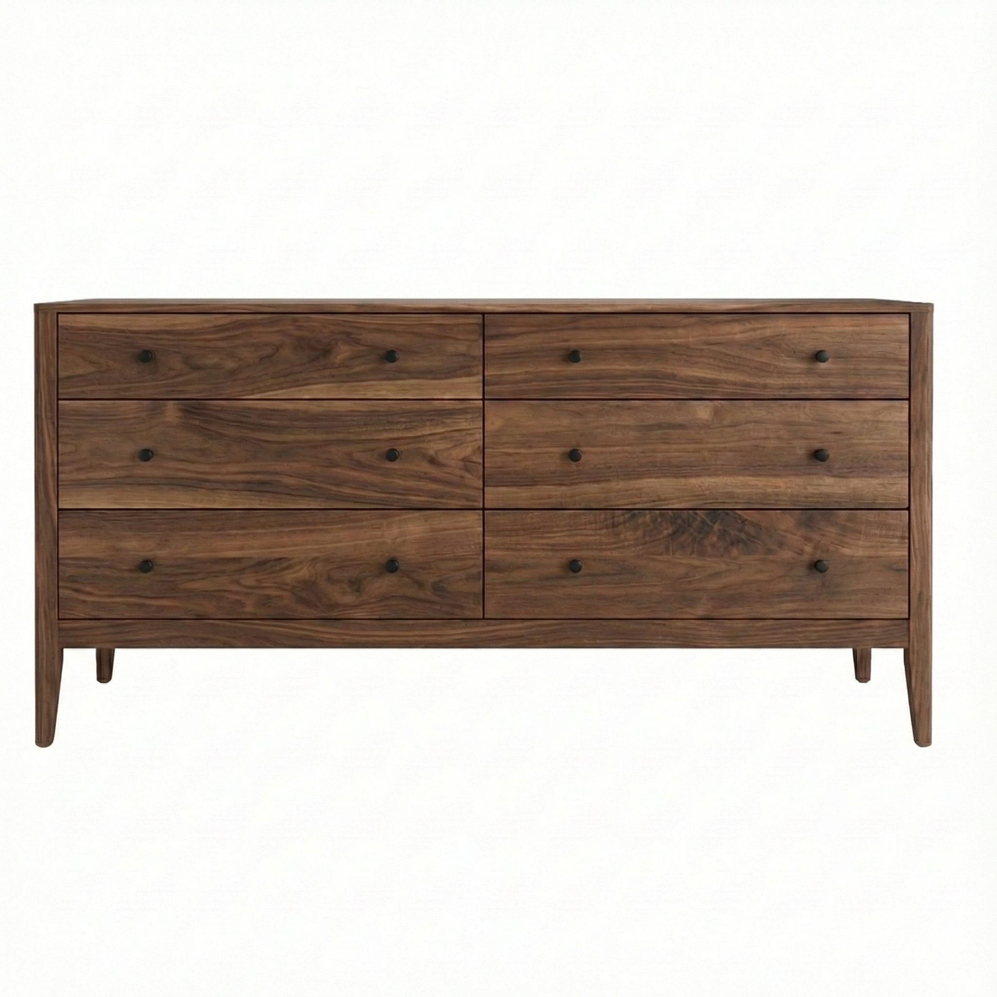 Six Drawer Dresser in Natural Walnut Wood. Vermont Made Furniture solid wood with black knobs. Handcrafted with dovetail joinery.