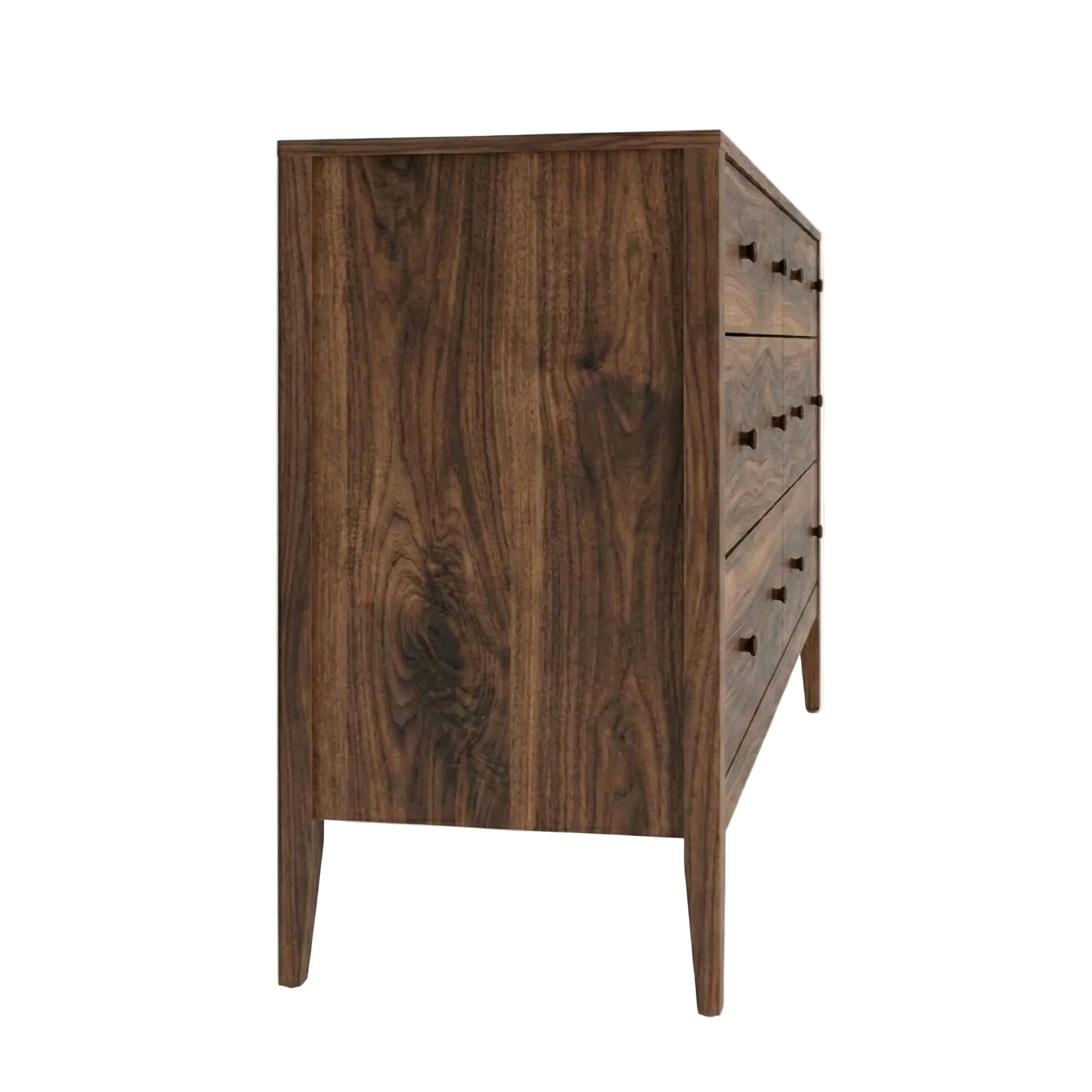 Side view of a solid Walnut natural dresser with black, rounded, modern knobs. Complete with English dovetail joints and clean lines.