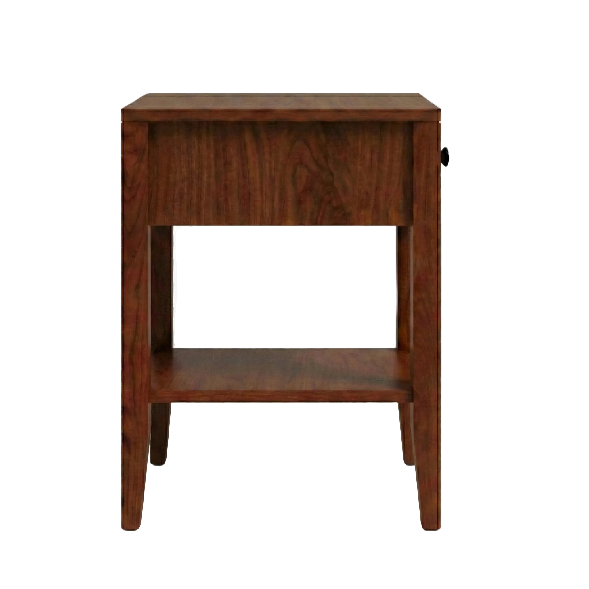 Solid cherry wood nightstand with open shelf and side view Shaker design