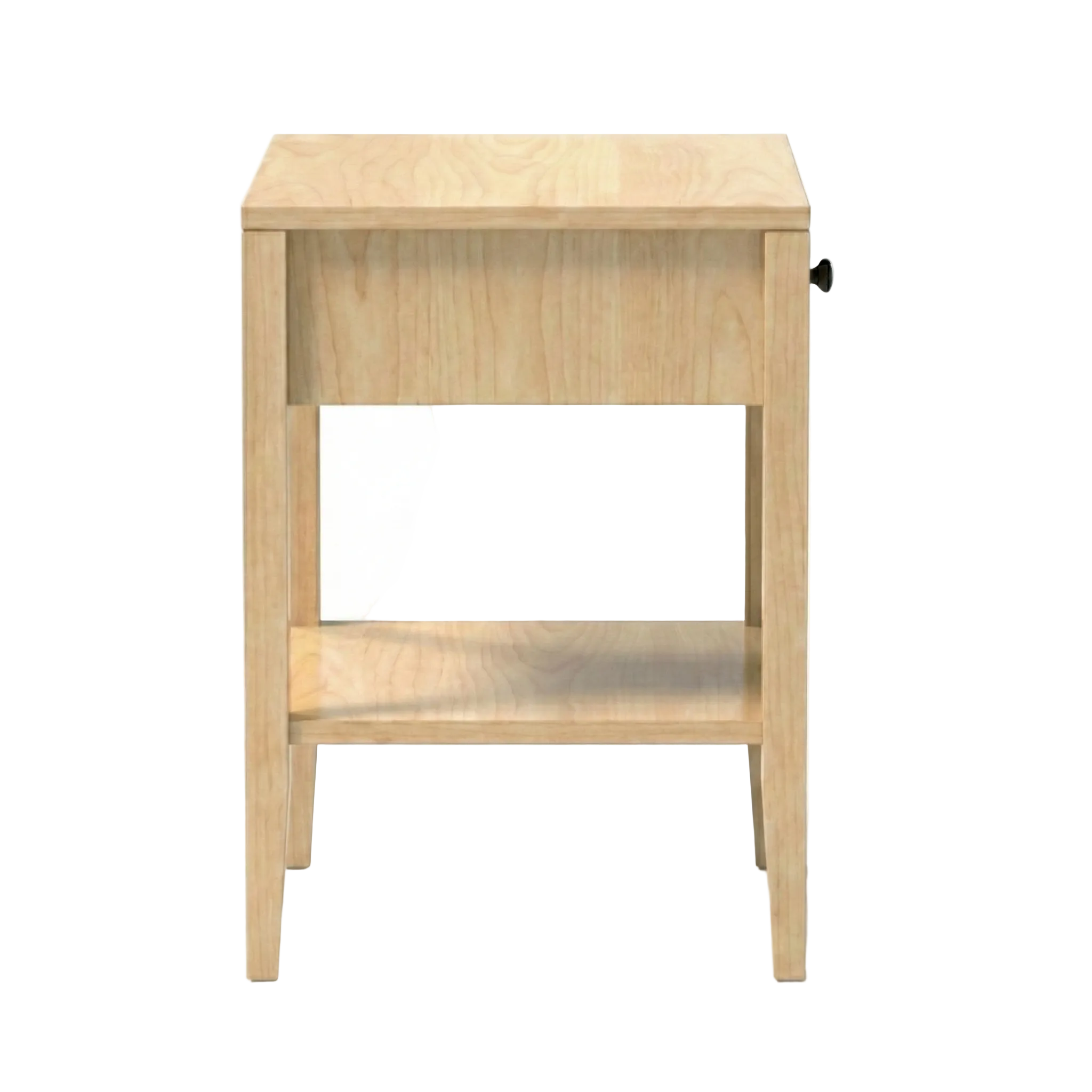 Maple wood bedside table with open shelf side profile