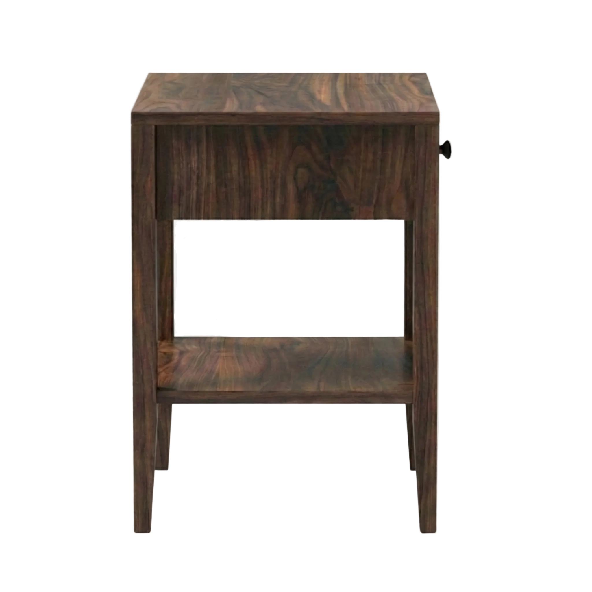 Walnut Shaker style nightstand with open shelf side view