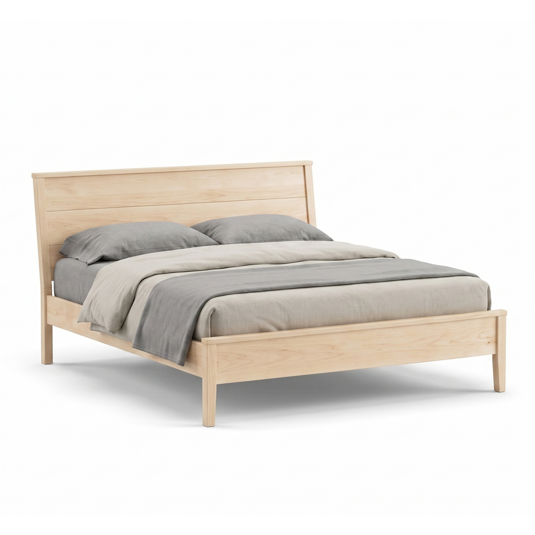 Modern solid maple wood panel bed with angled headboard