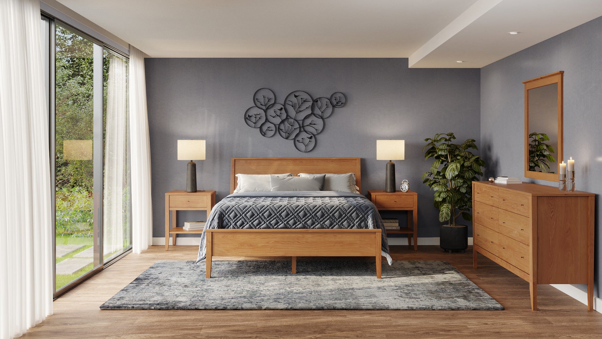 Sophisticated modern bedroom featuring horizontal grain platform bed and matching case goods, demonstrating meticulous attention to joinery and finish quality