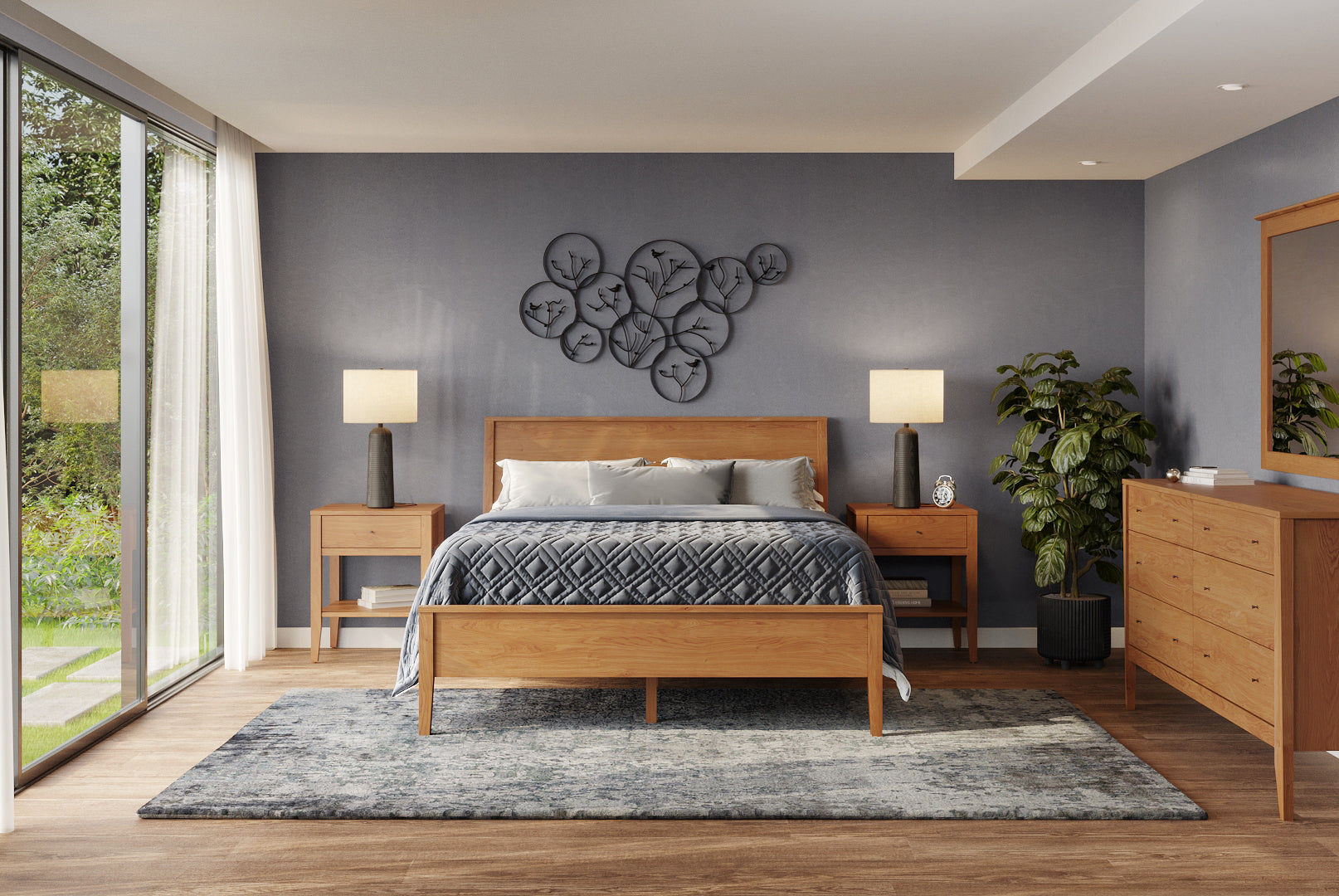 Sophisticated modern bedroom featuring horizontal grain platform bed and matching case goods, demonstrating meticulous attention to joinery and finish quality