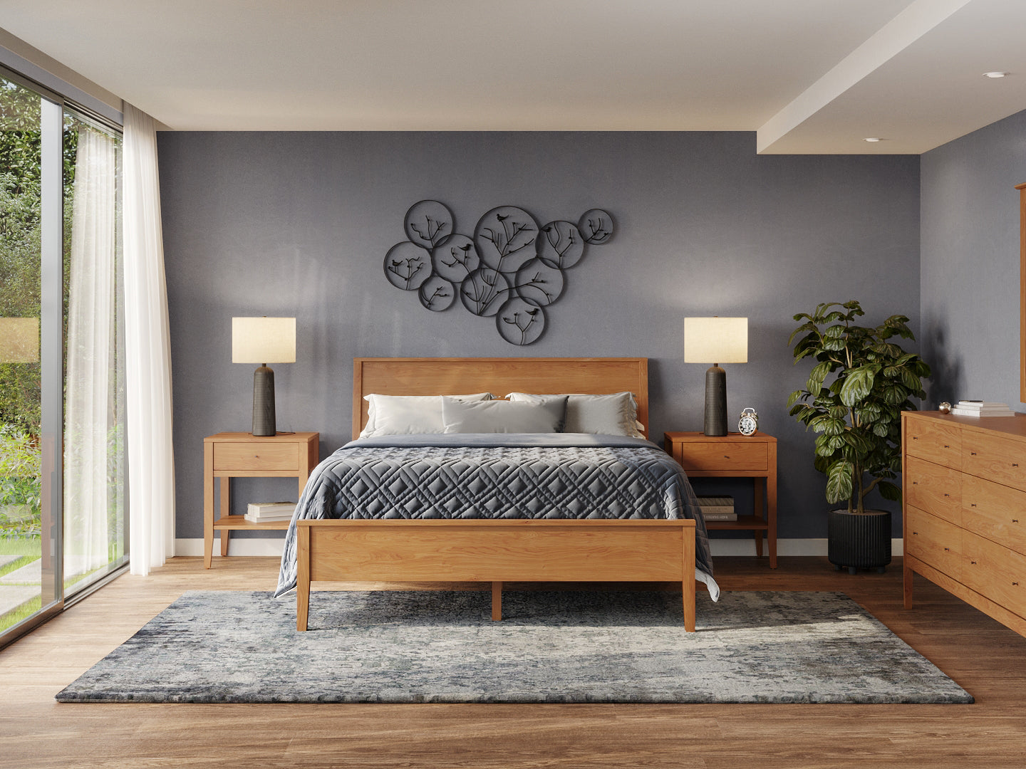 Sophisticated modern bedroom featuring horizontal grain platform bed and matching case goods, demonstrating meticulous attention to joinery and finish quality