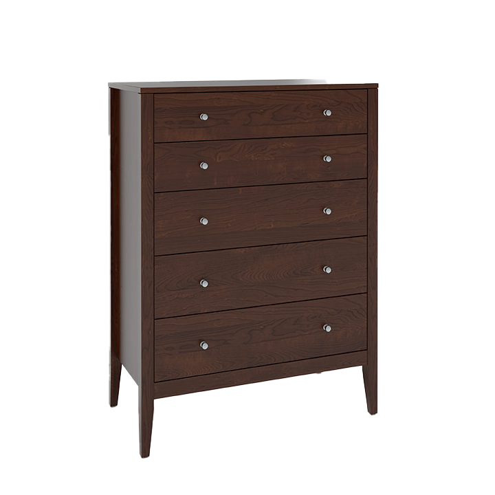 Handcrafted 5 Drawer Chest with Round knobs and a smooth, sustainably sourced dark wood finish