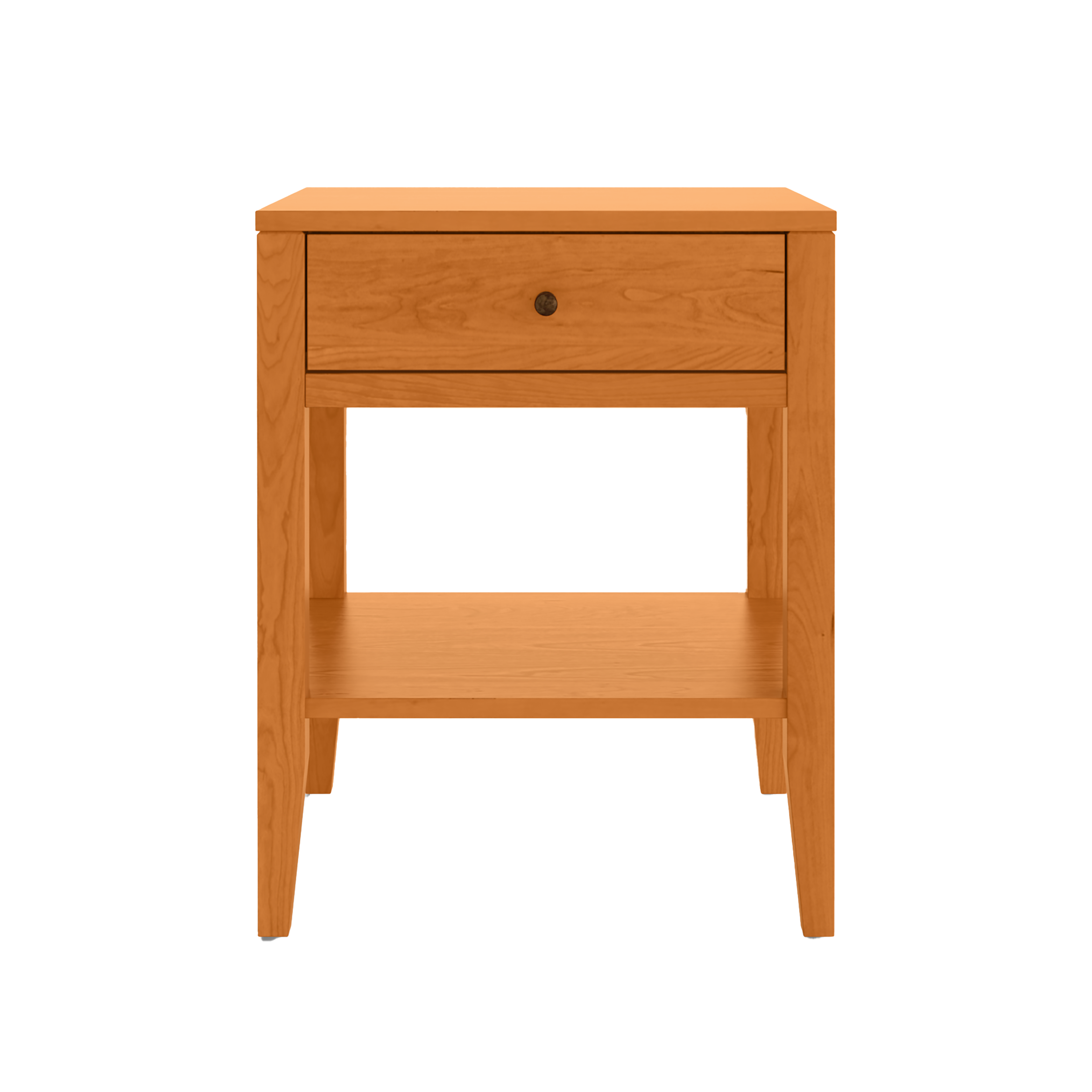Handcrafted solid cherry wood nightstand with classic design, featuring a single drawer, lower storage shelf, and smooth clear finish — perfect for traditional or modern bedroom furniture decor.