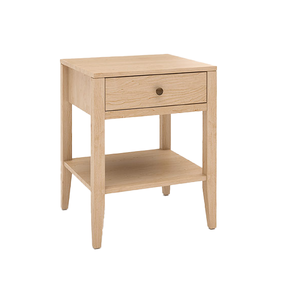 One Drawer Nightstand, solid wood with light finish, eco-friendly design, featuring round knobs