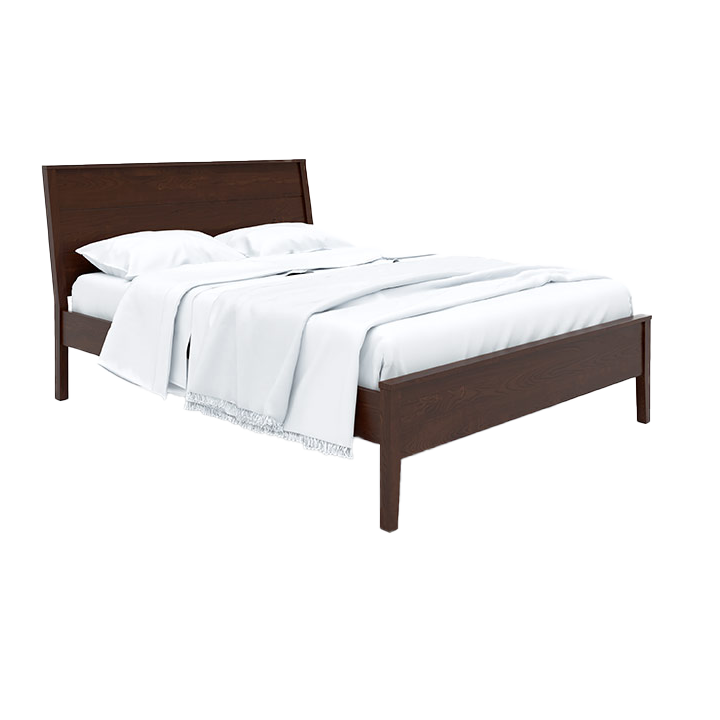 Allen solid wood slanted panel bed shown with a white mattress and pillows.