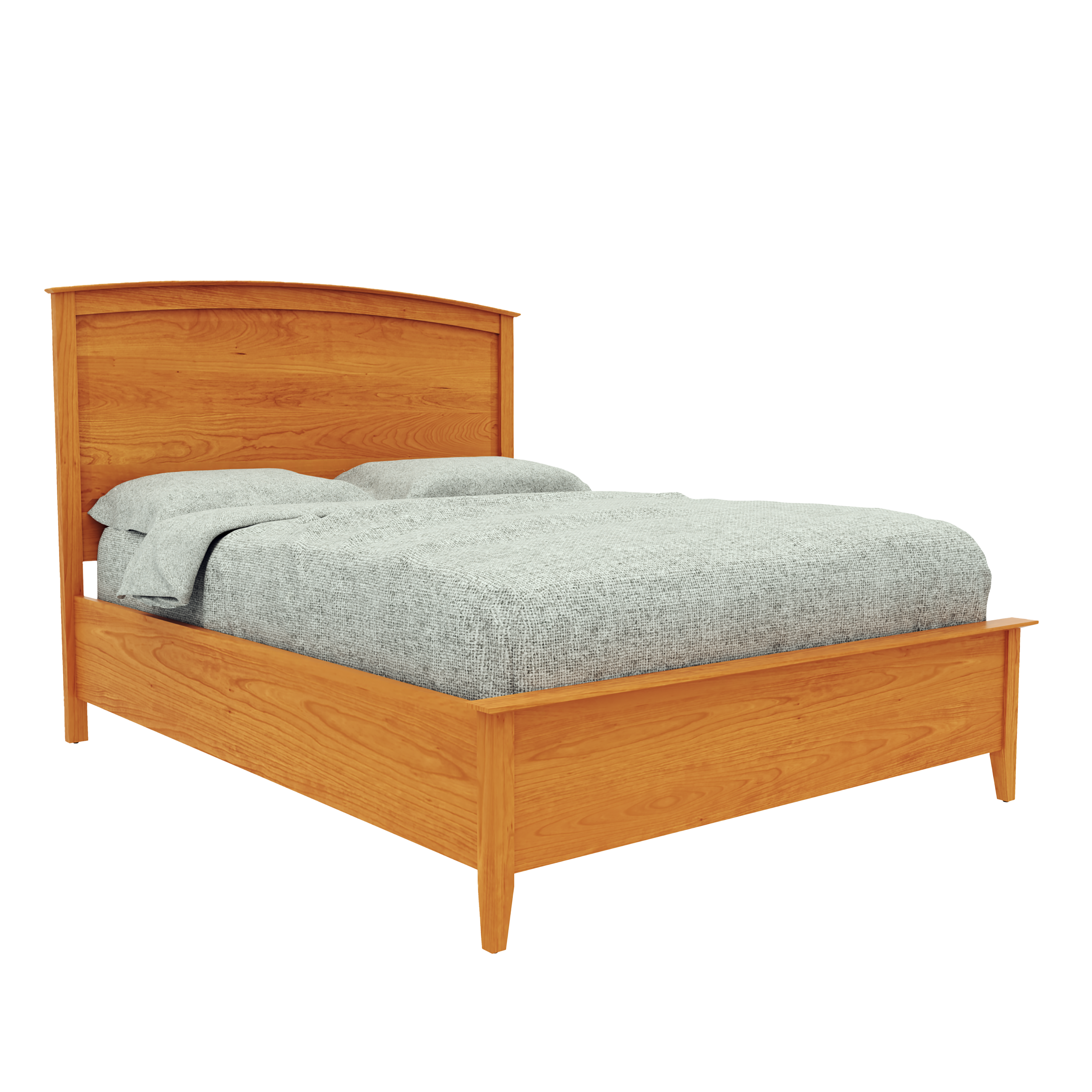 A Solid Cherry Vermont hand crafted cherry bed with a low footboard, shown with a mattress and pillows