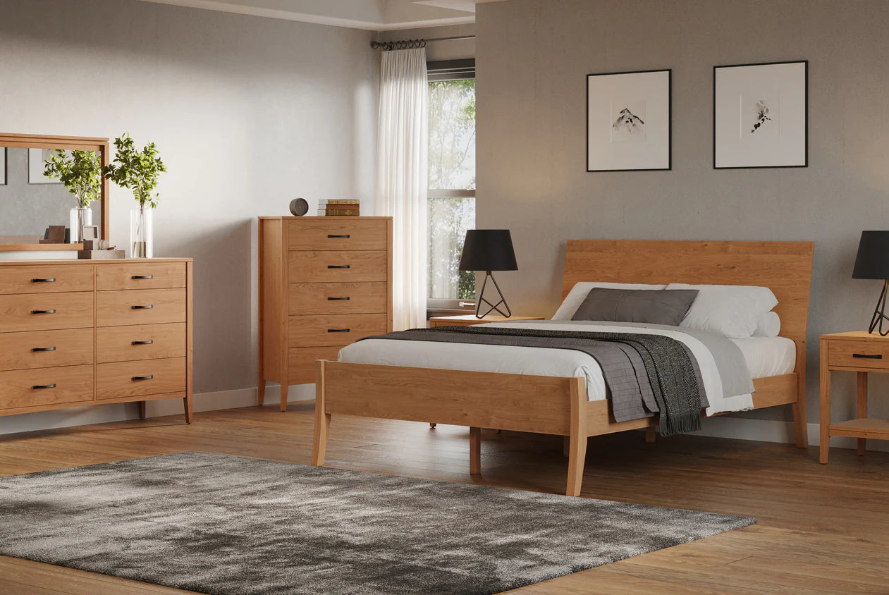 Premium mid century modern bedroom set in natural hardwood finish with platform bed design and tapered legs, showcasing clean minimalist lines and sustainable solid wood construction for modern living