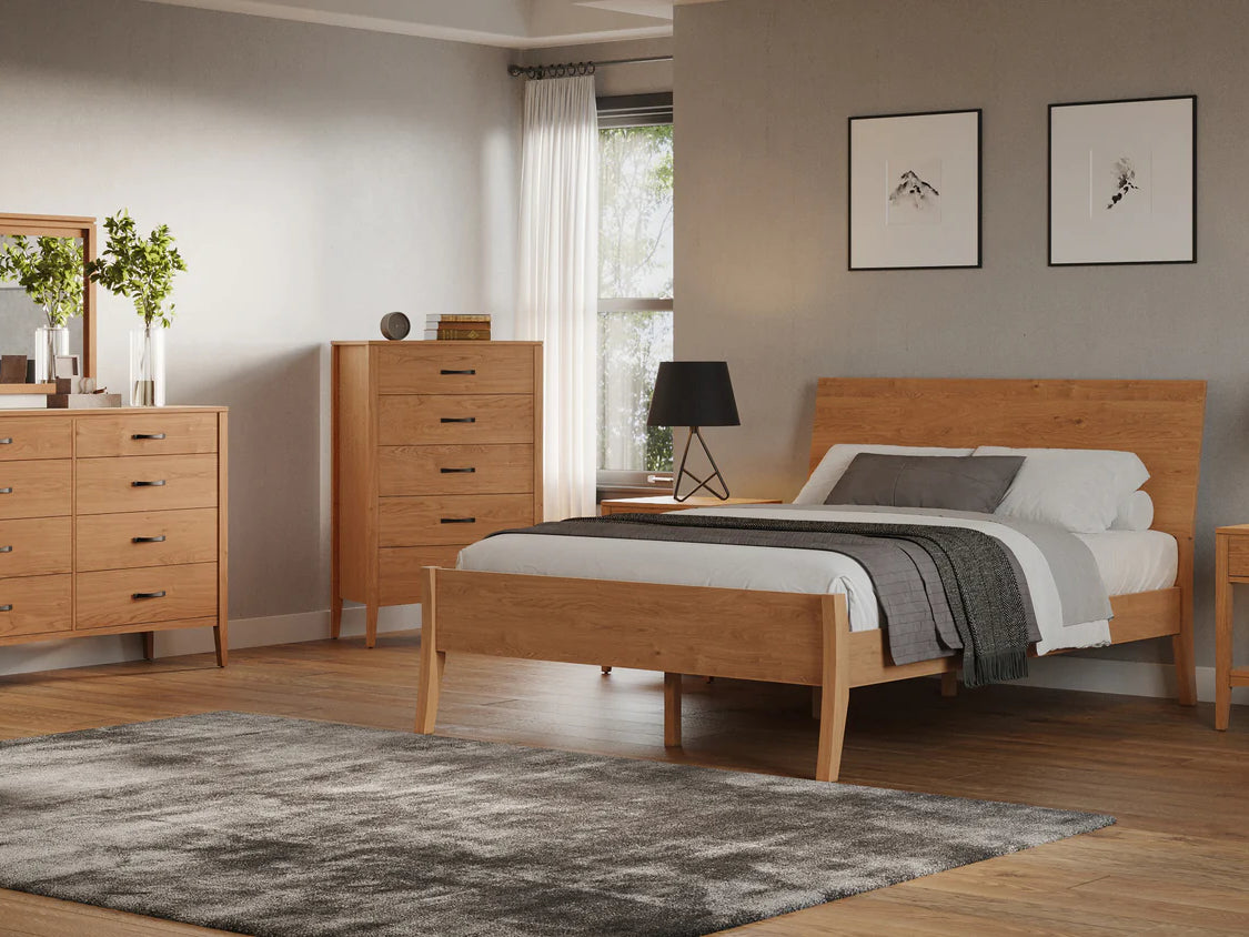 Premium mid century modern bedroom set in natural hardwood finish with platform bed design and tapered legs, showcasing clean minimalist lines and sustainable solid wood construction for modern living