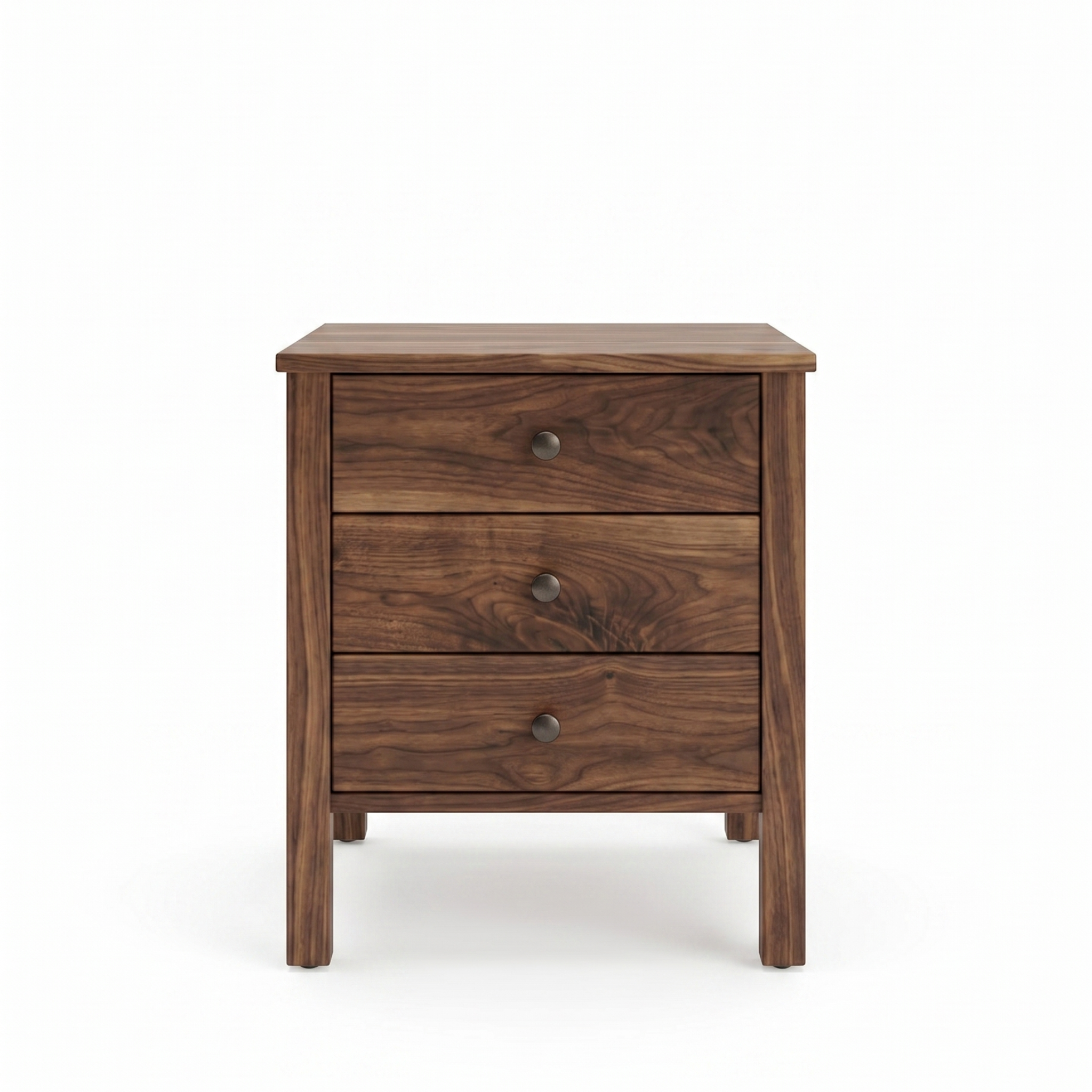 Walnut wood nightstand Shaker style with 3 drawers