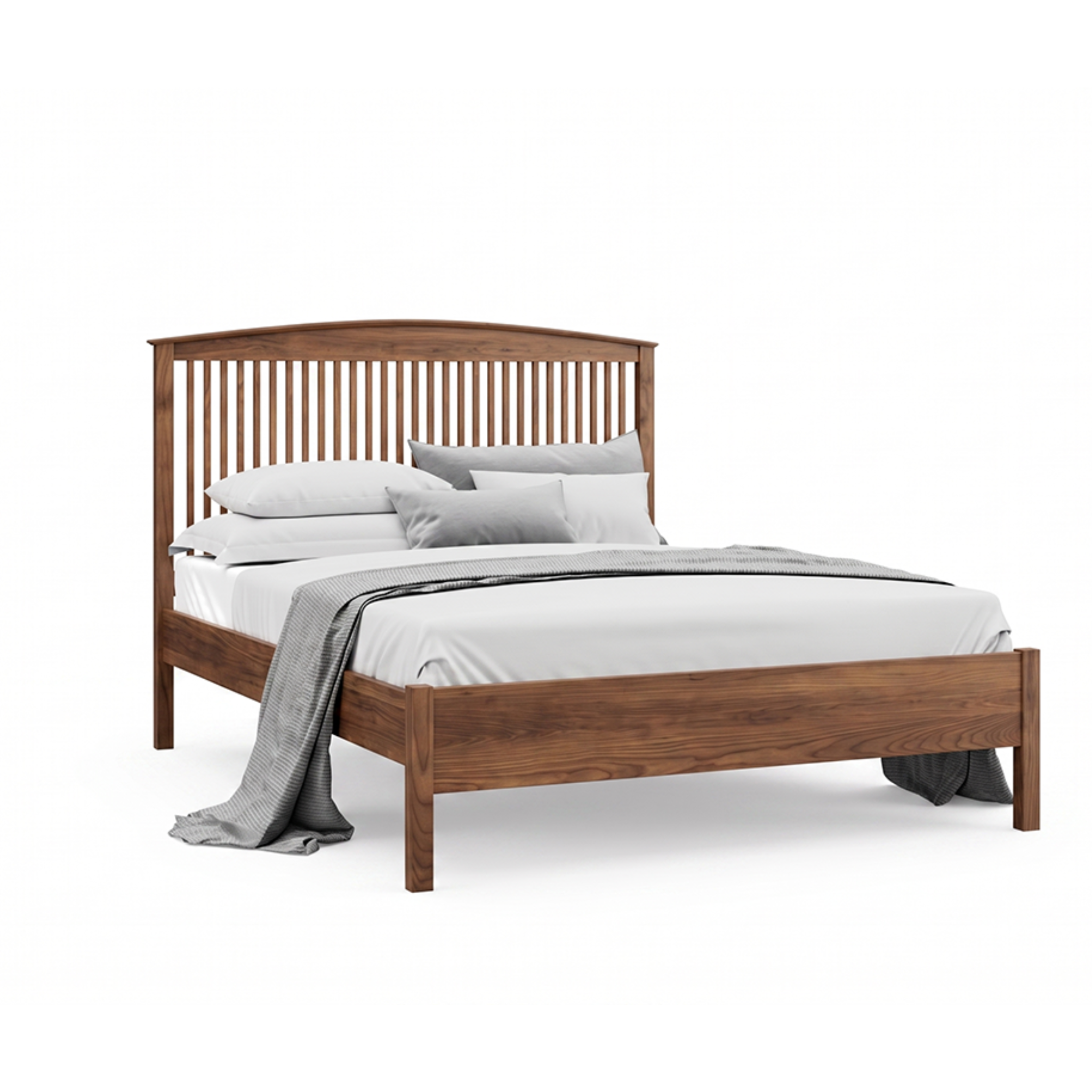 Solid wood walnut bed frame with spindle headboard Shaker design