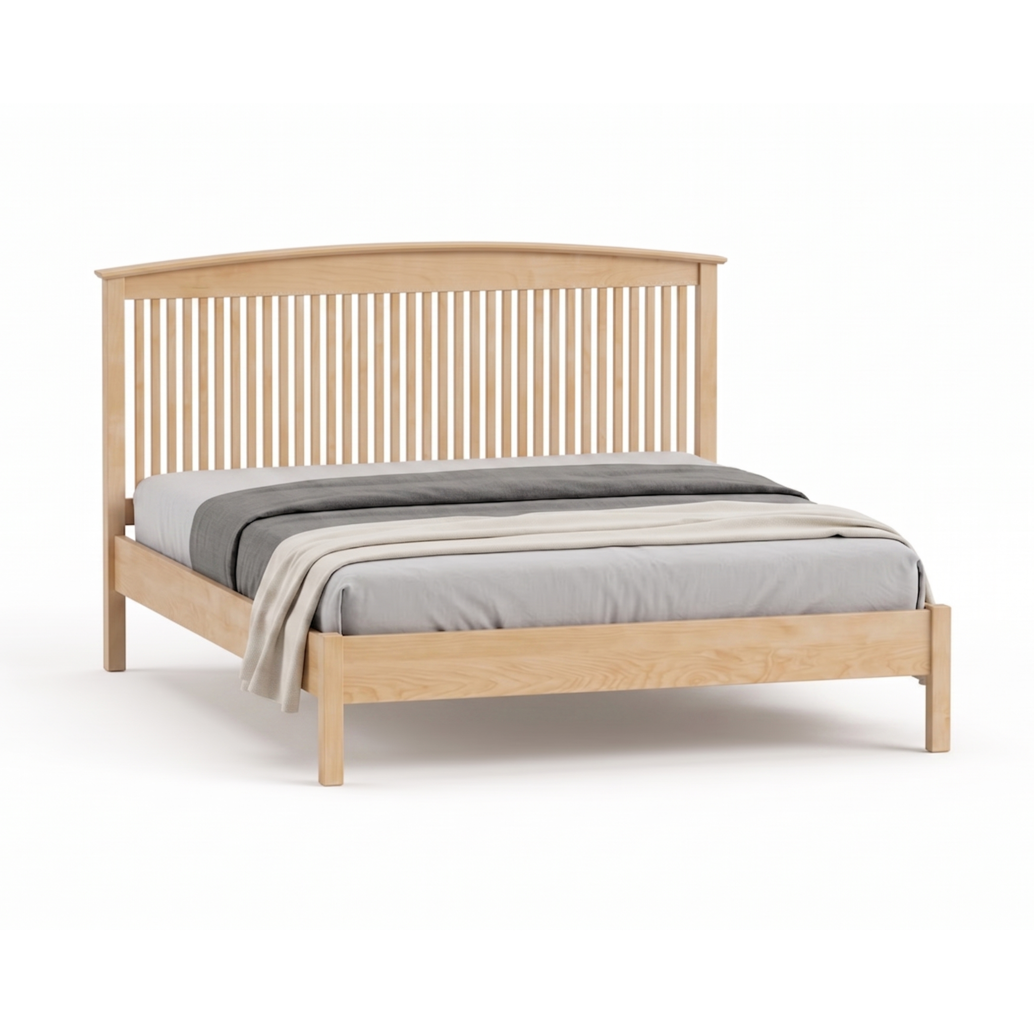 Solid maple Shaker spindle bed frame with curved headboard