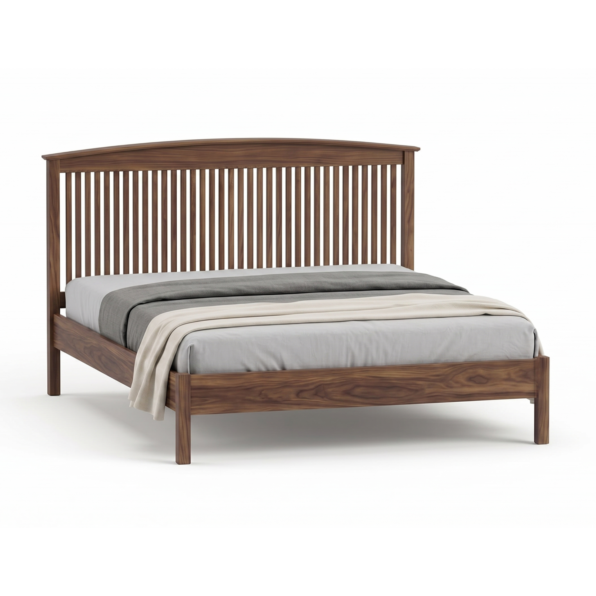 Solid wood walnut bed frame with spindle headboard Shaker design