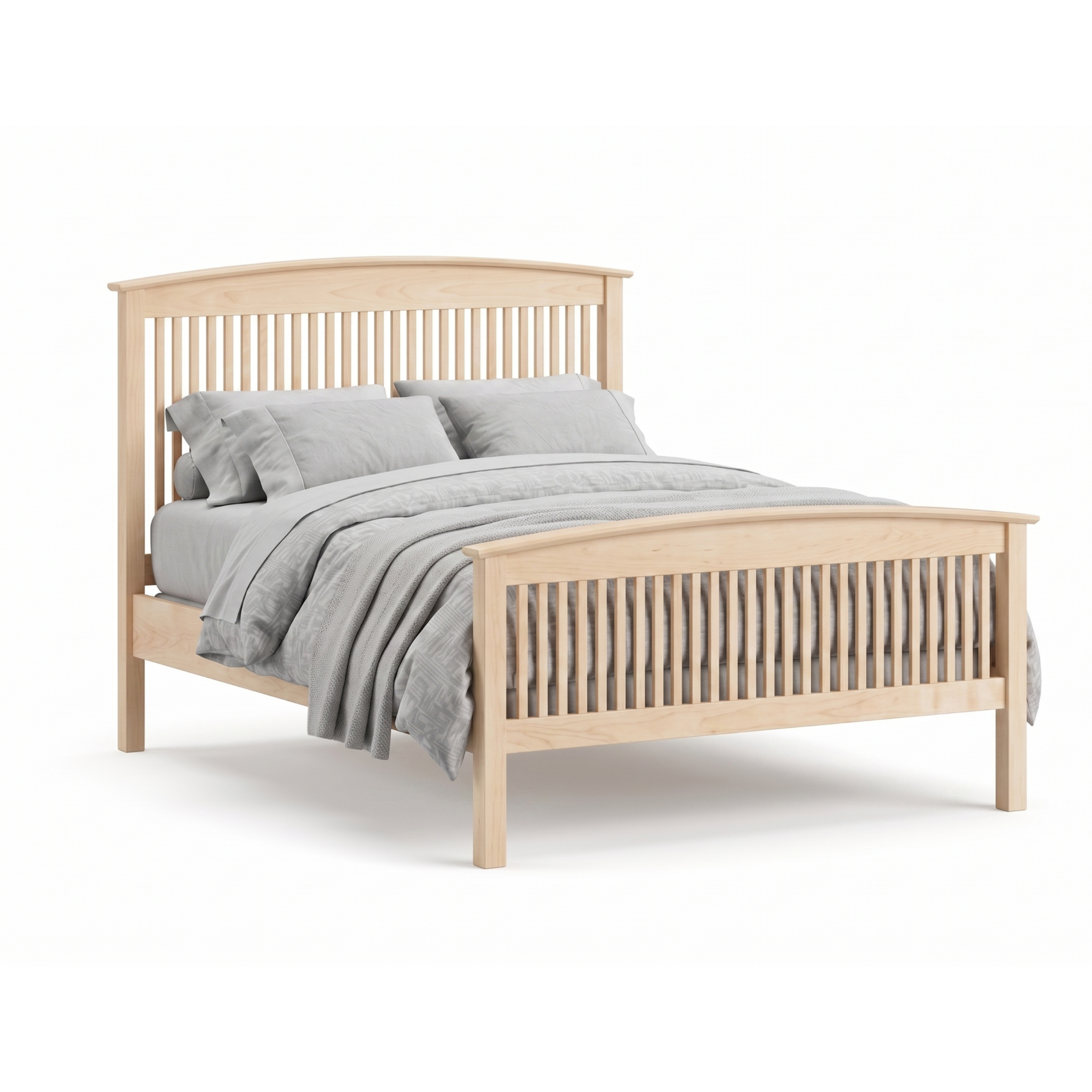 Maple Shaker style bed with vertical spindle headboard and footboard