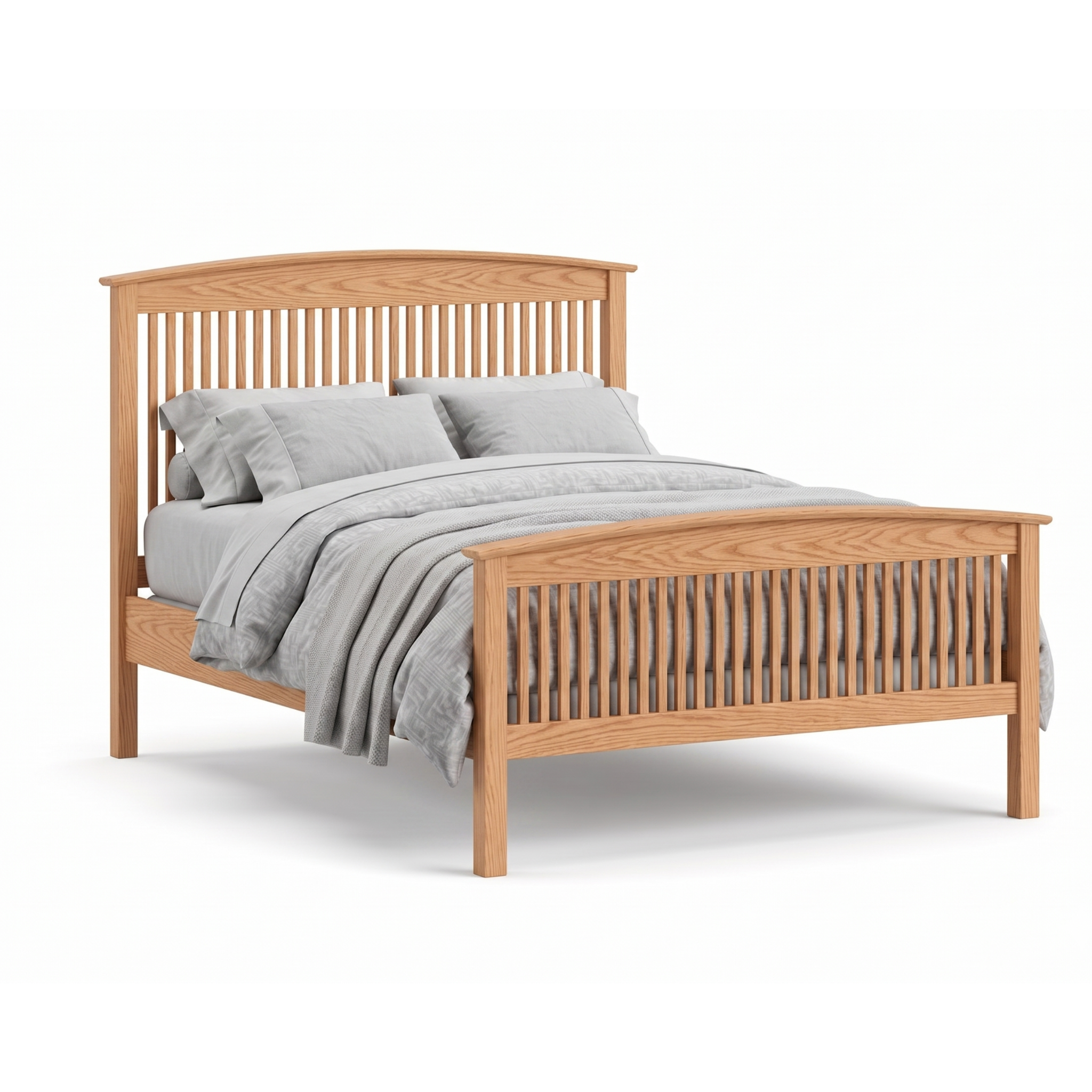 Solid oak wood Shaker spindle bed frame with arched headboard and matching footboard