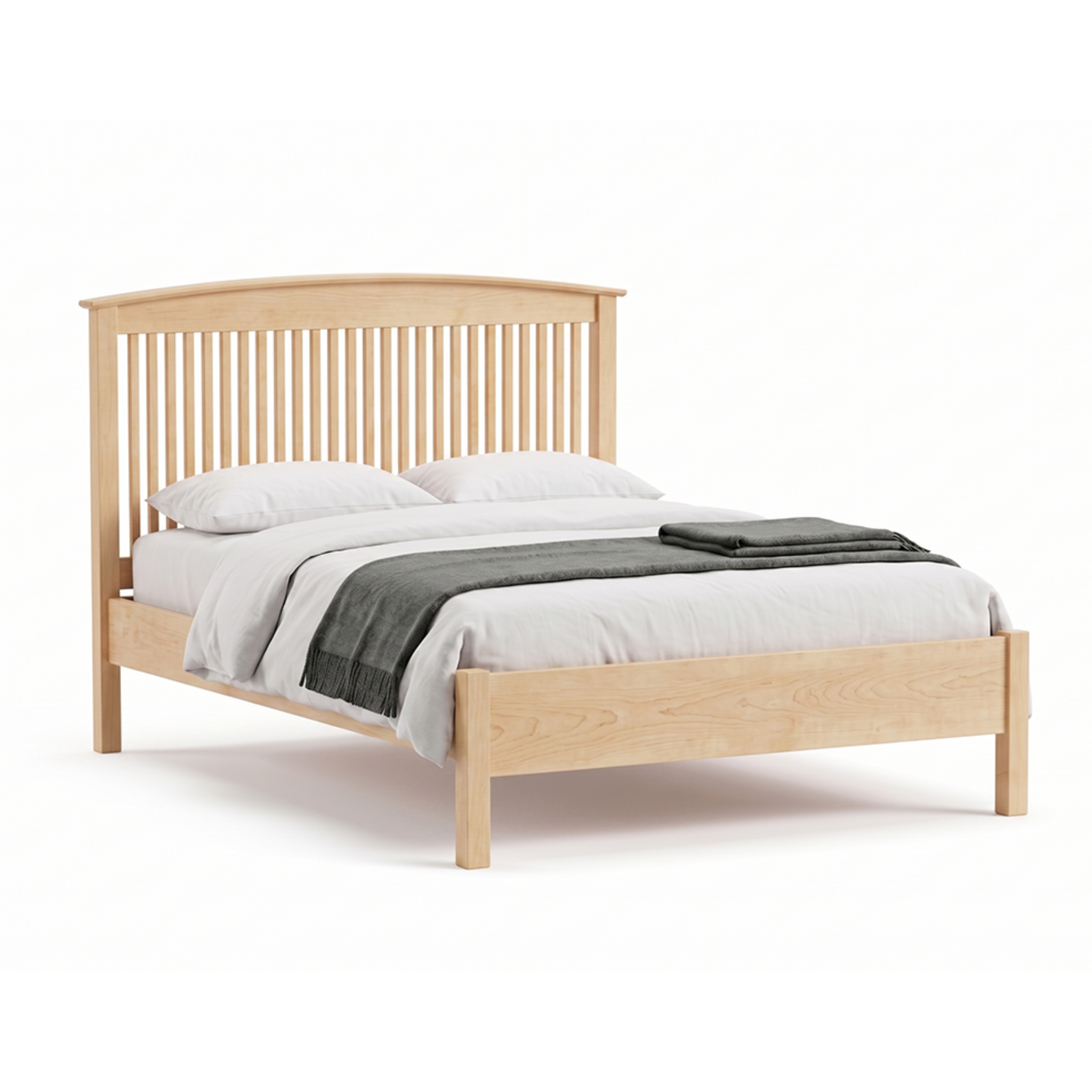 Solid wood maple bed frame with spindle headboard Shaker design