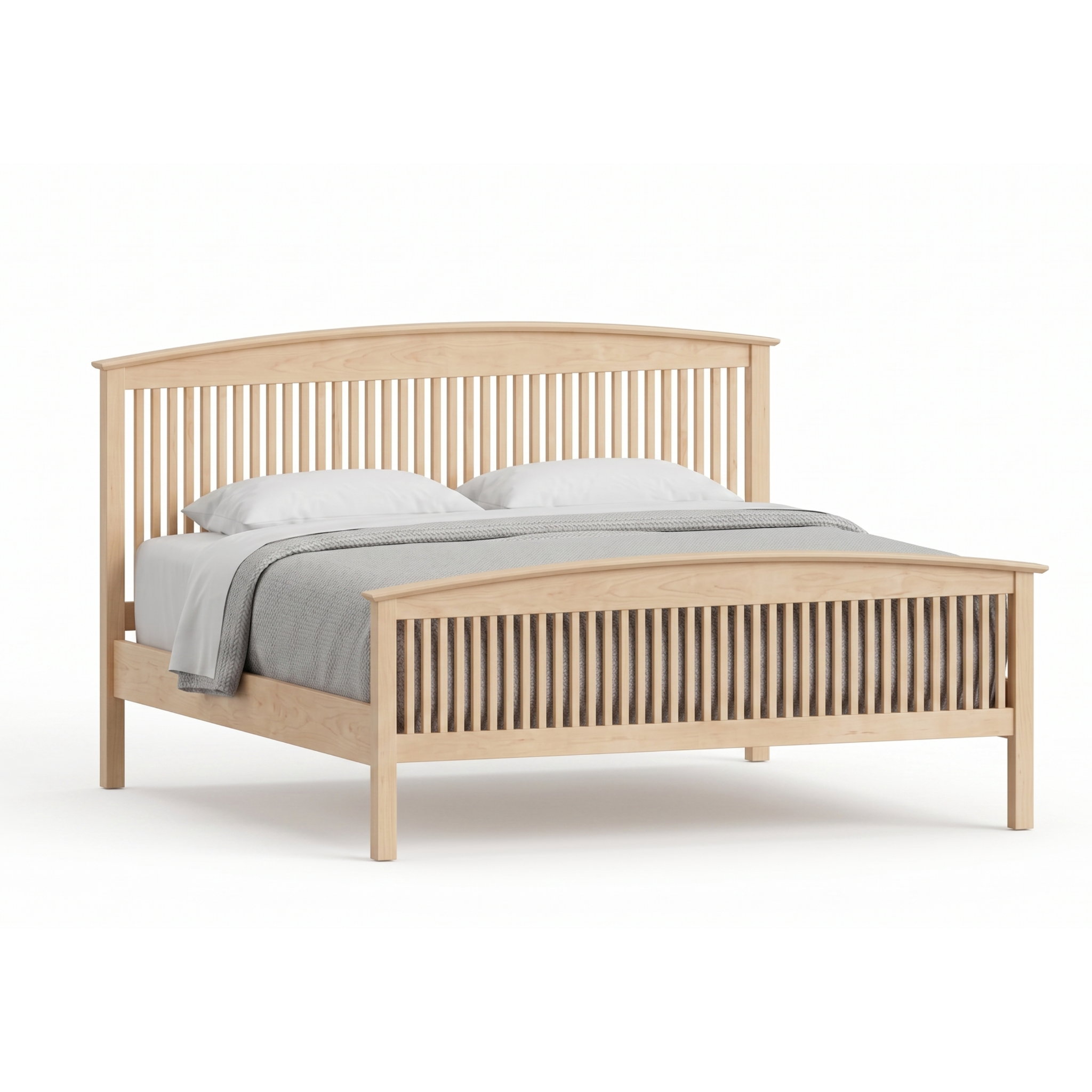 Maple Shaker style bed with vertical spindle headboard and footboard