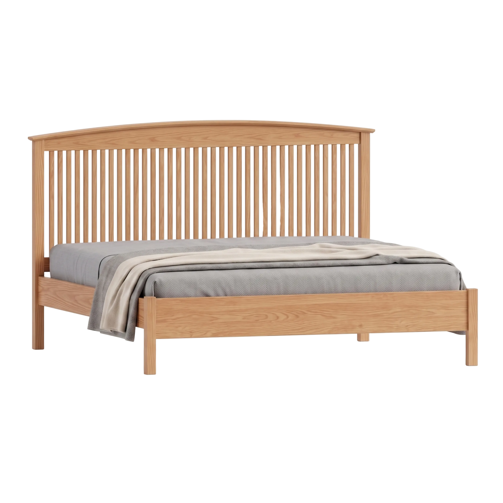 Shaker style solid oak wood spindle bed frame with arched headboard and low footboard