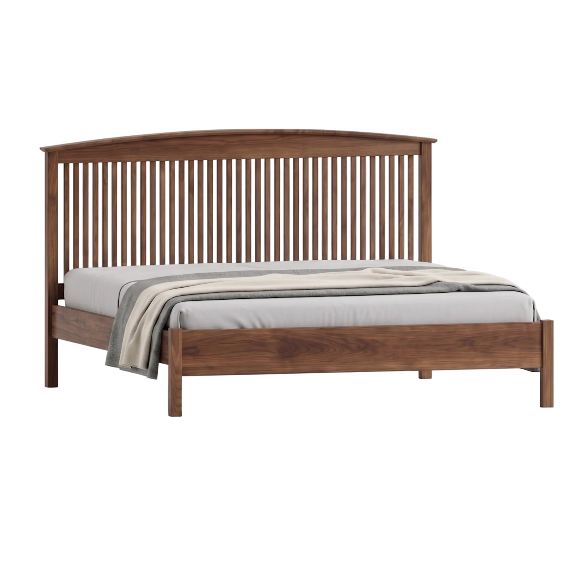 Solid wood walnut bed frame with spindle headboard Shaker design