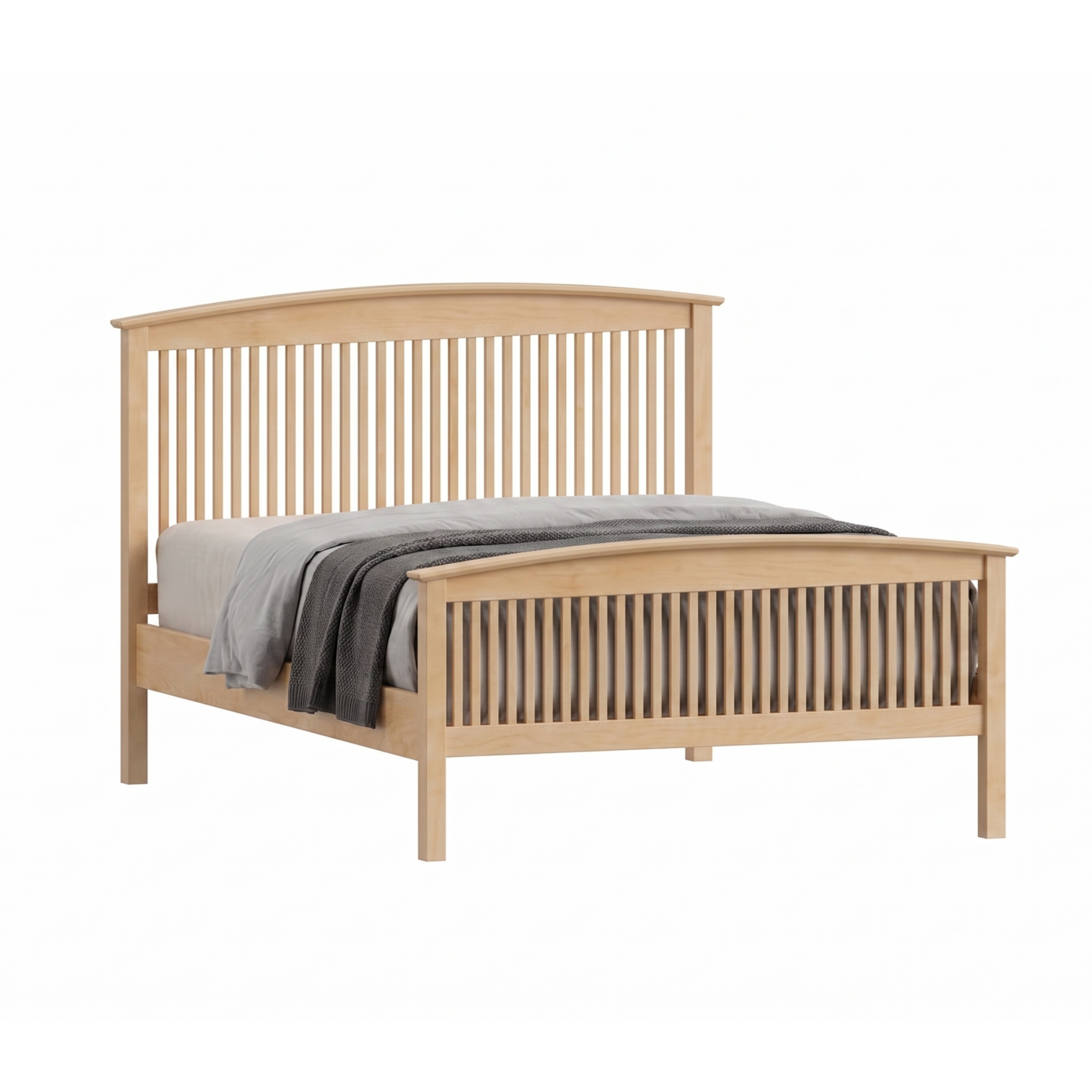 Maple Shaker style bed with vertical spindle headboard and footboard