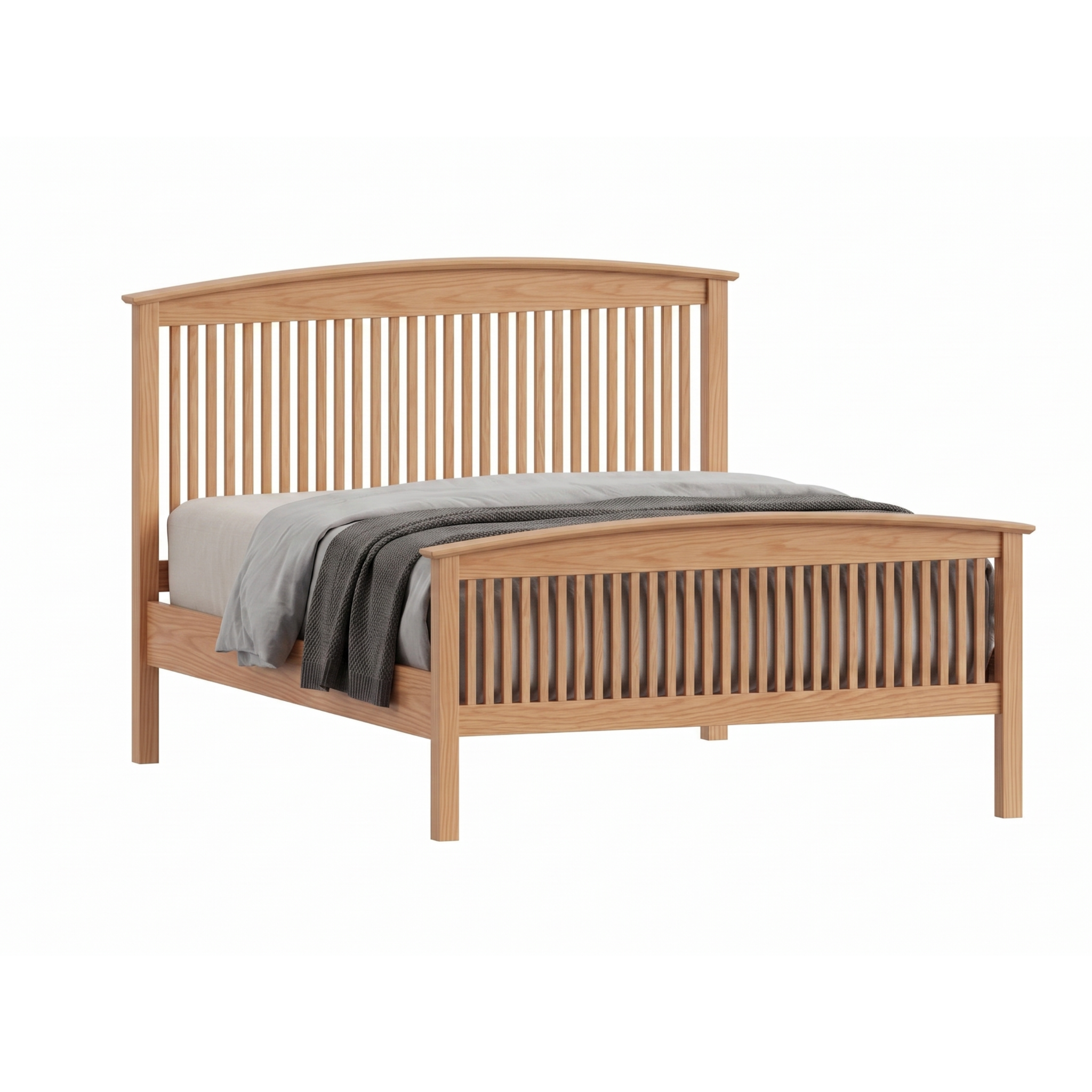 Solid oak wood Shaker spindle bed frame with arched headboard and matching footboard