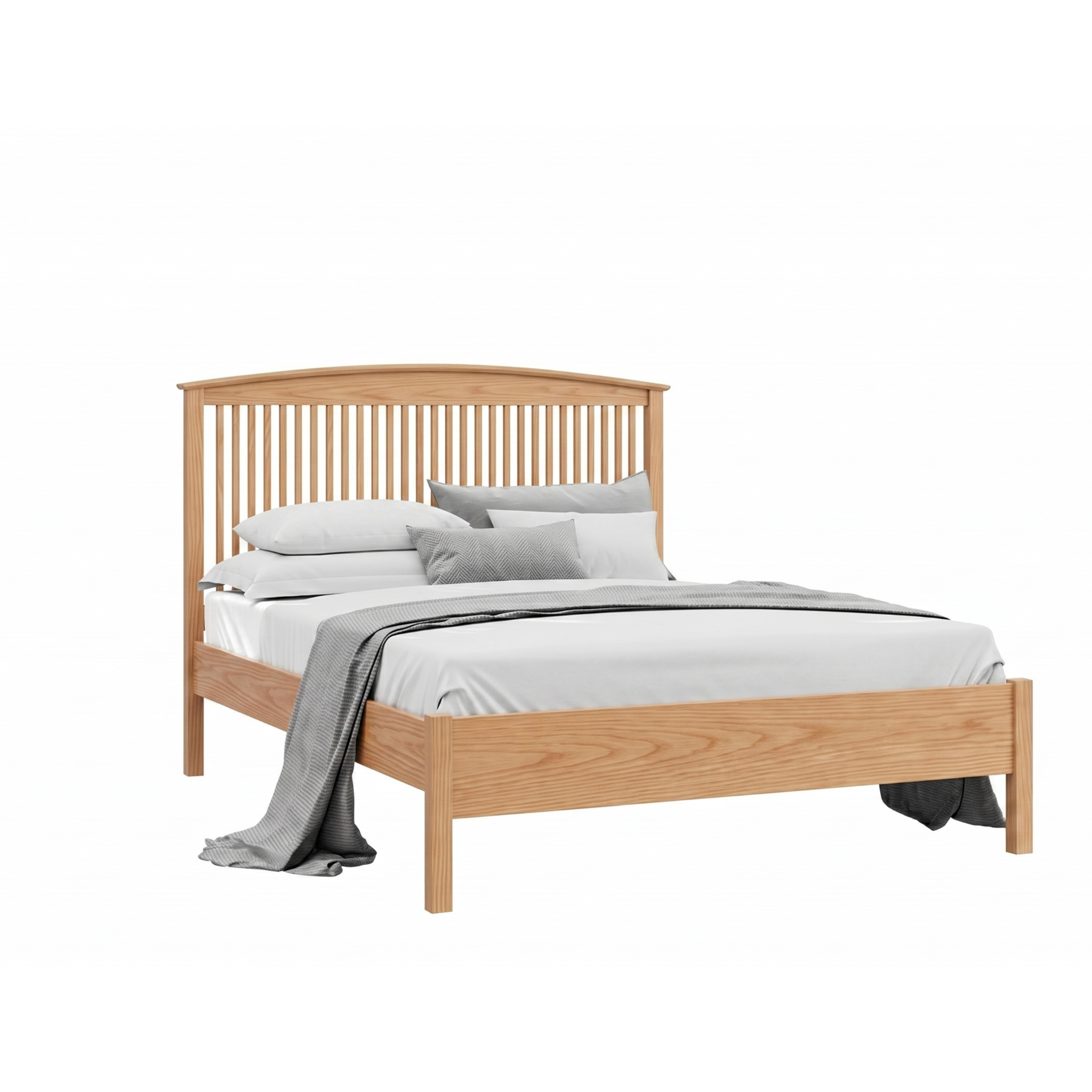 Oak Shaker style bed frame with arched spindle headboard