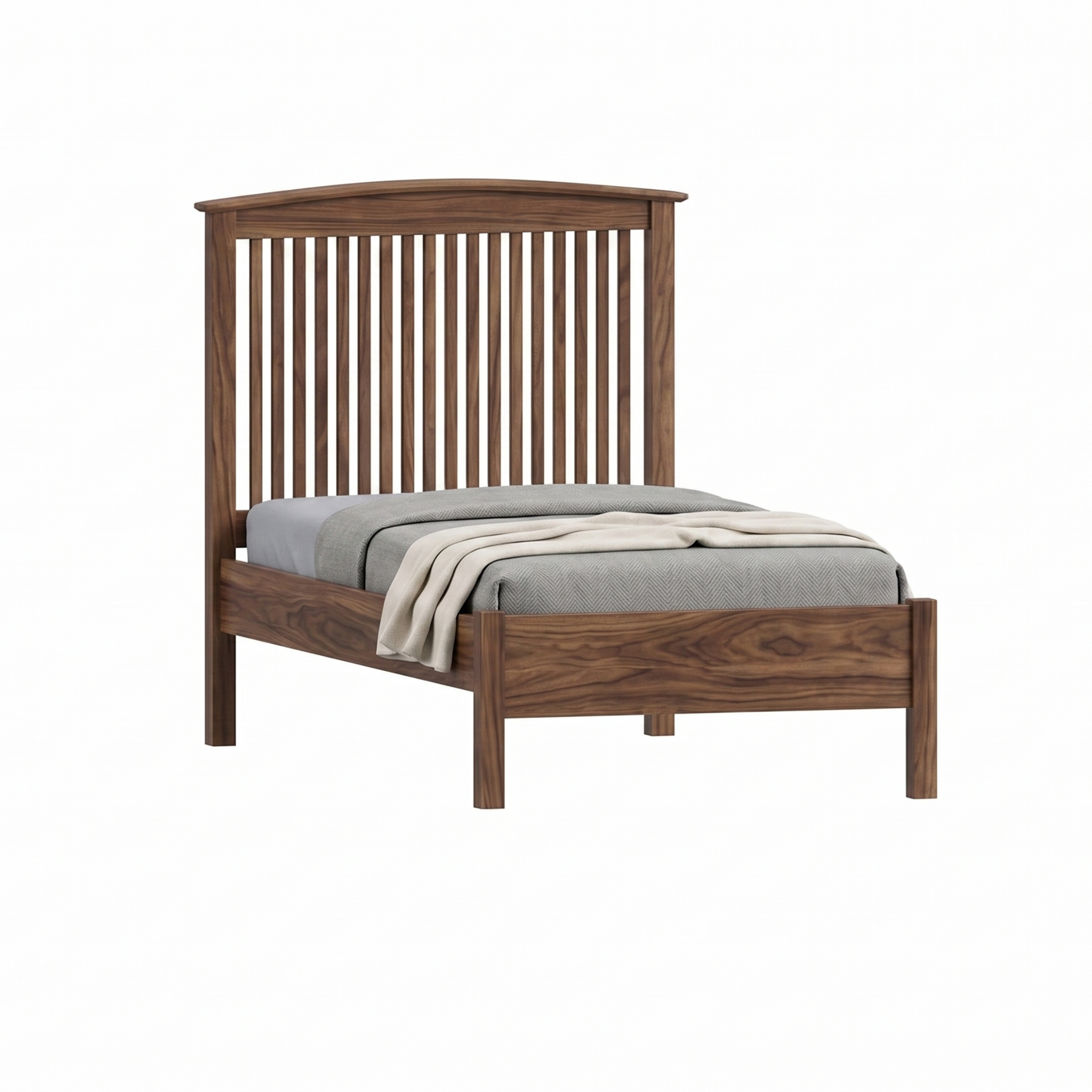 Shaker style solid walnut wood spindle bed frame with arched headboard and low footboard