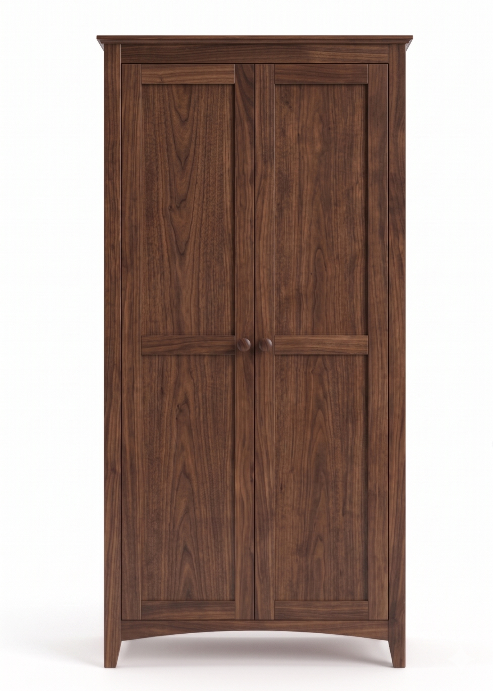 Solid walnut wood two-door wardrobe armoire featuring shaker-style paneled doors and round wooden knobs.