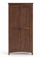 Solid walnut wood two-door wardrobe armoire featuring shaker-style paneled doors and round wooden knobs.