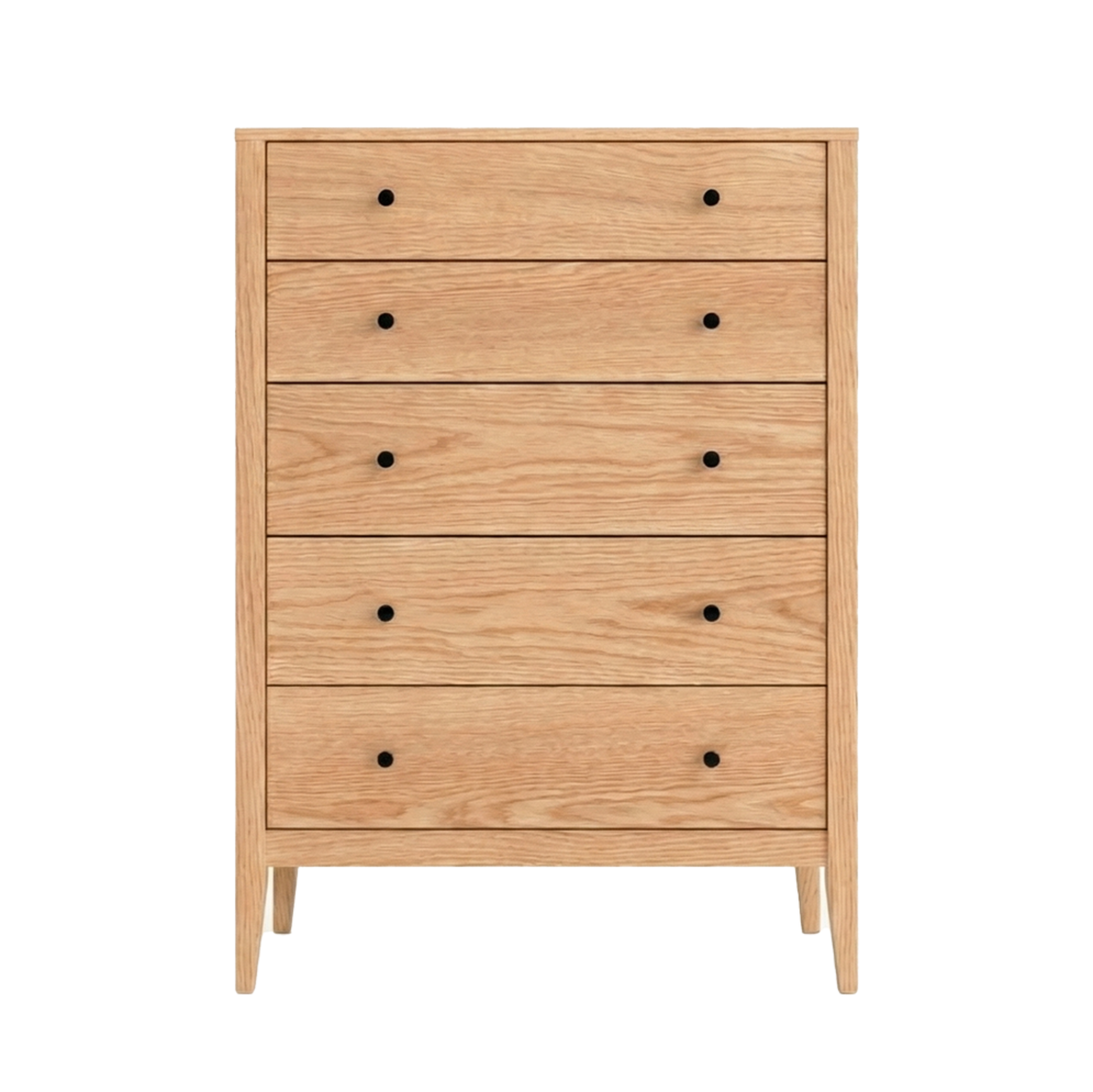 Maple wood chest of drawers with five drawers and black pulls