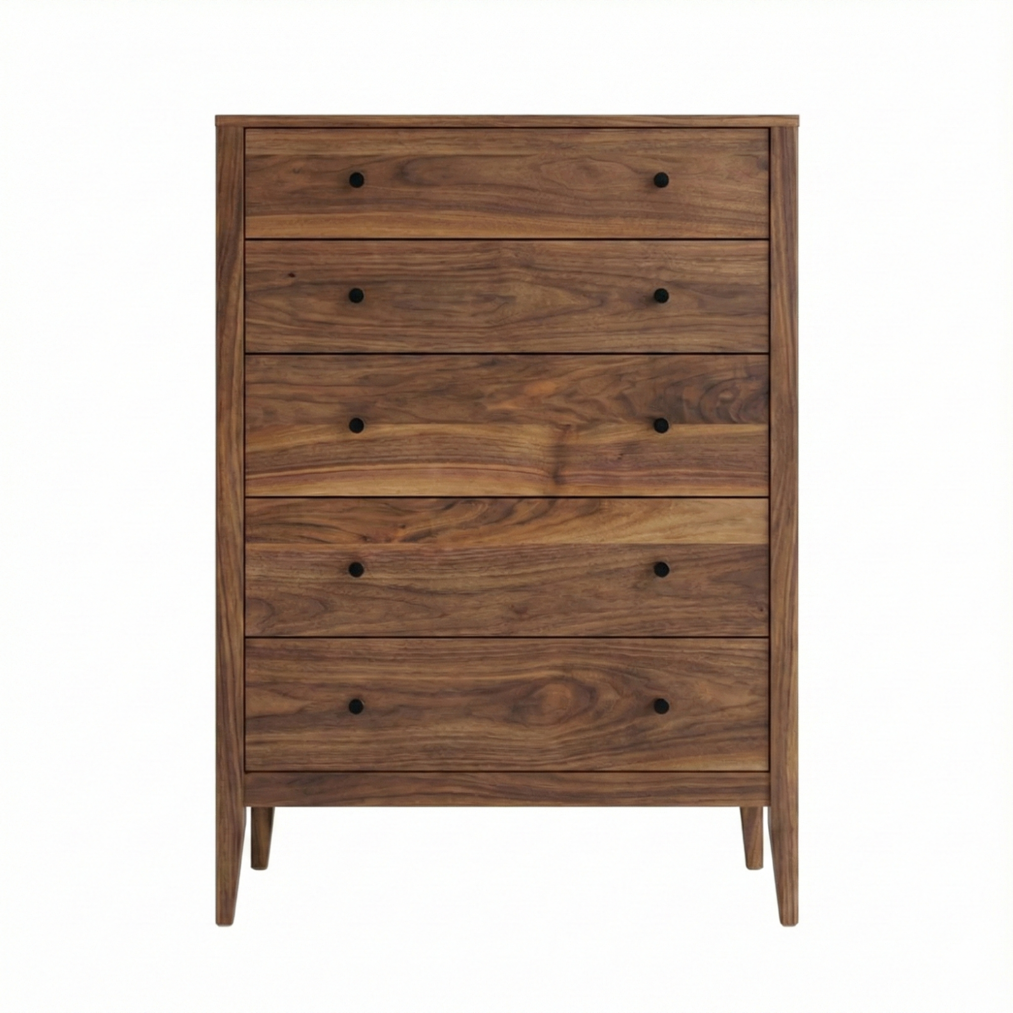 Modern solid walnut wood 5 drawer chest dresser with black knobs