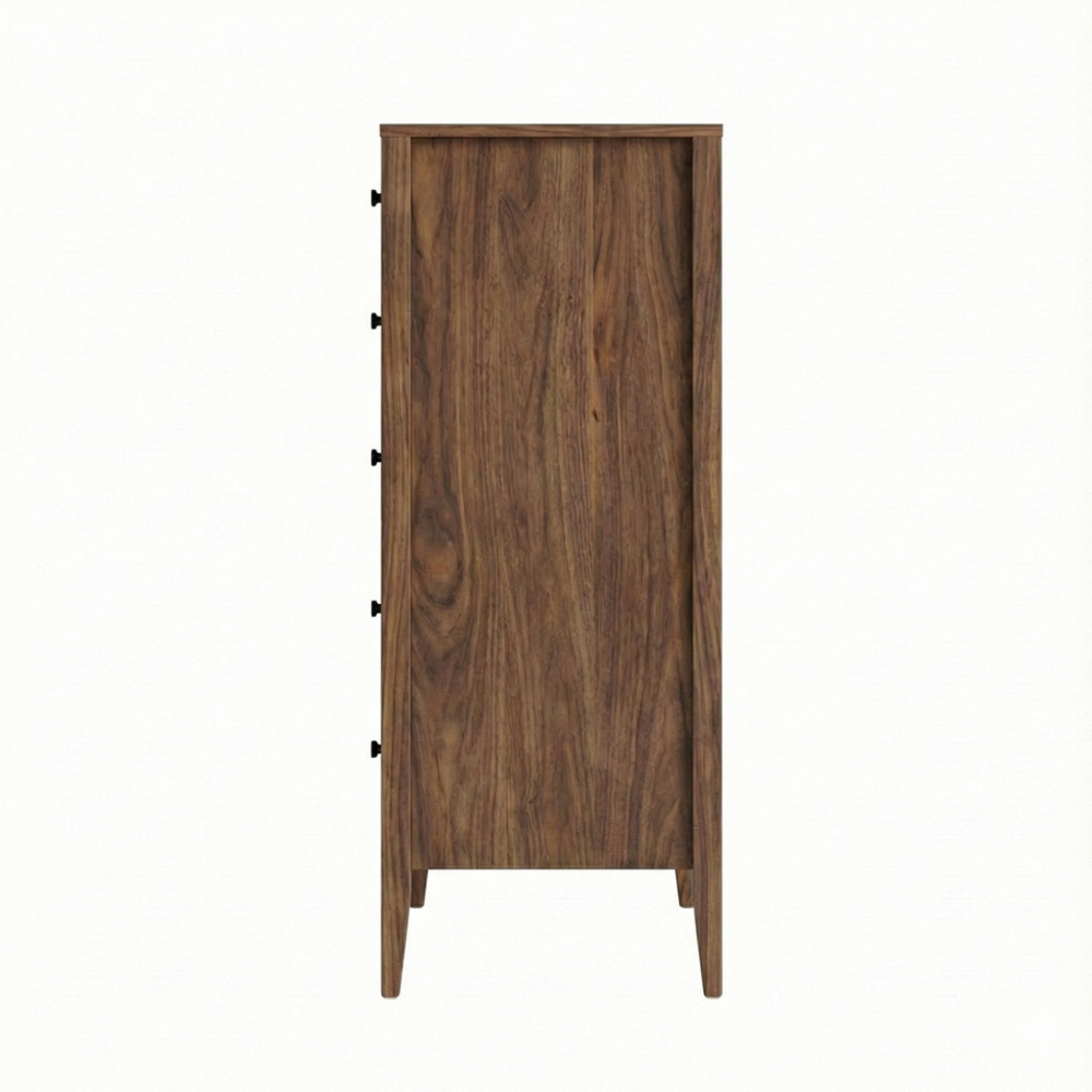 Walnut wood chest of drawers with five drawers and black pulls
