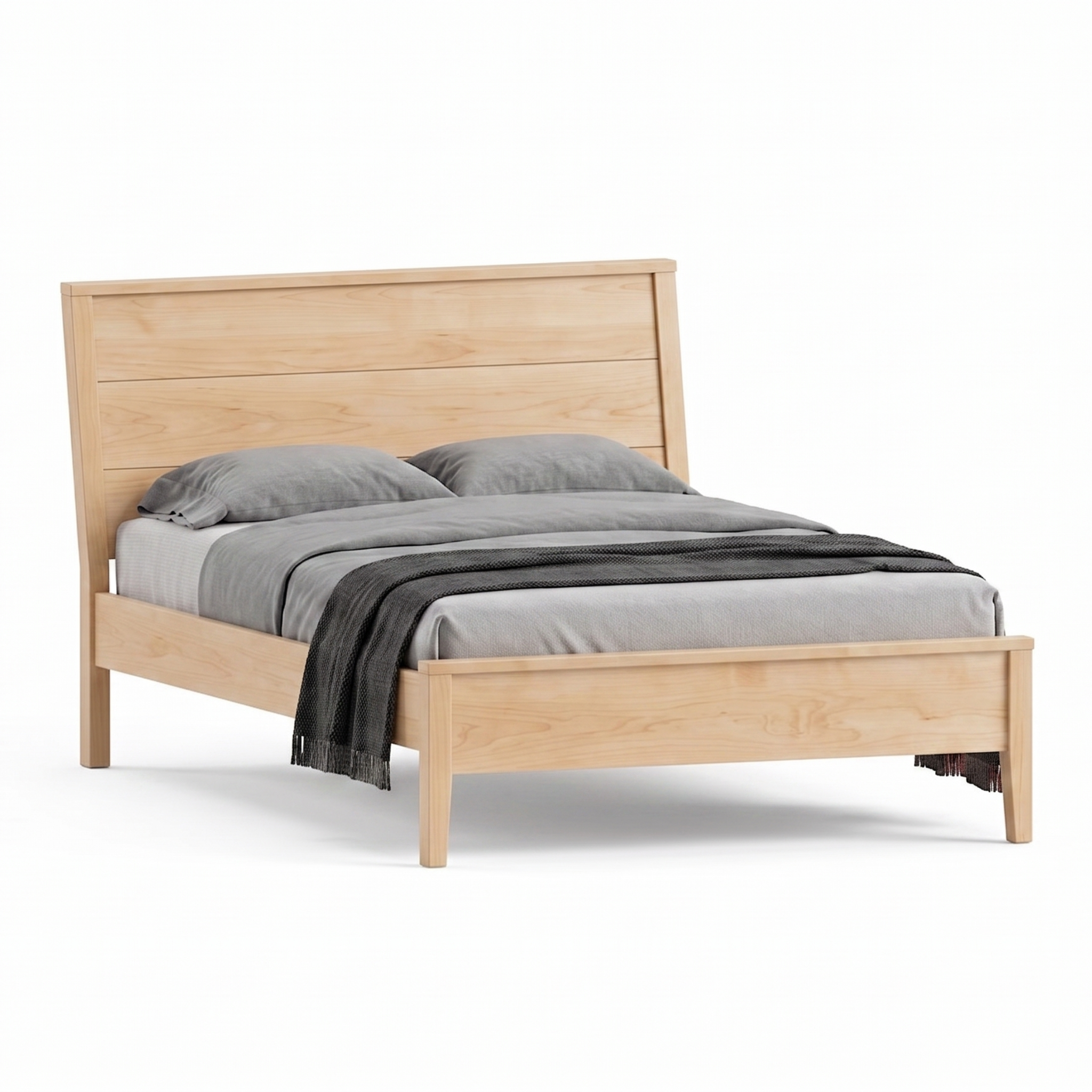 Solid wood maple panel bed with slanted headboard