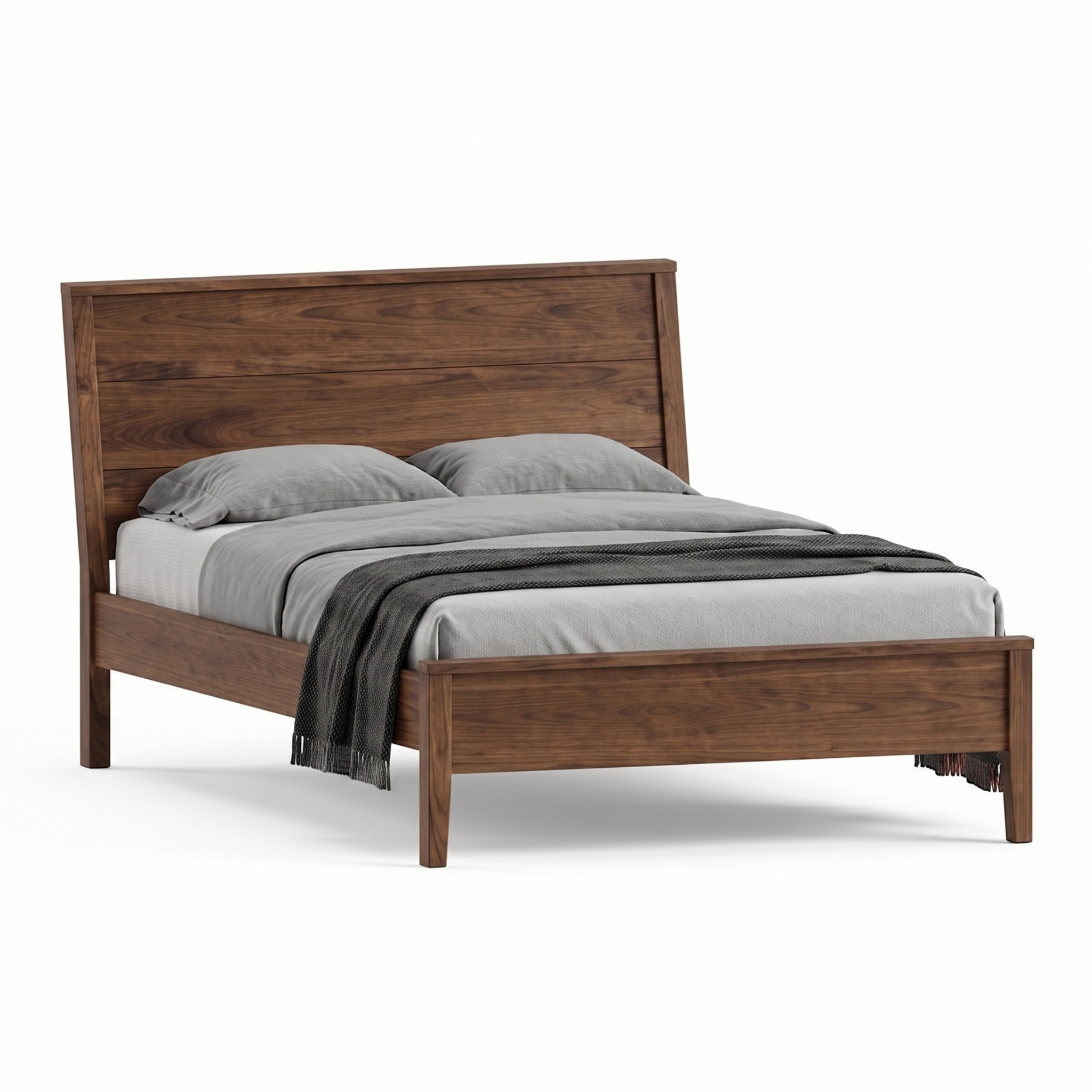 Modern solid walnut wood panel bed with low footboard and angled headboard