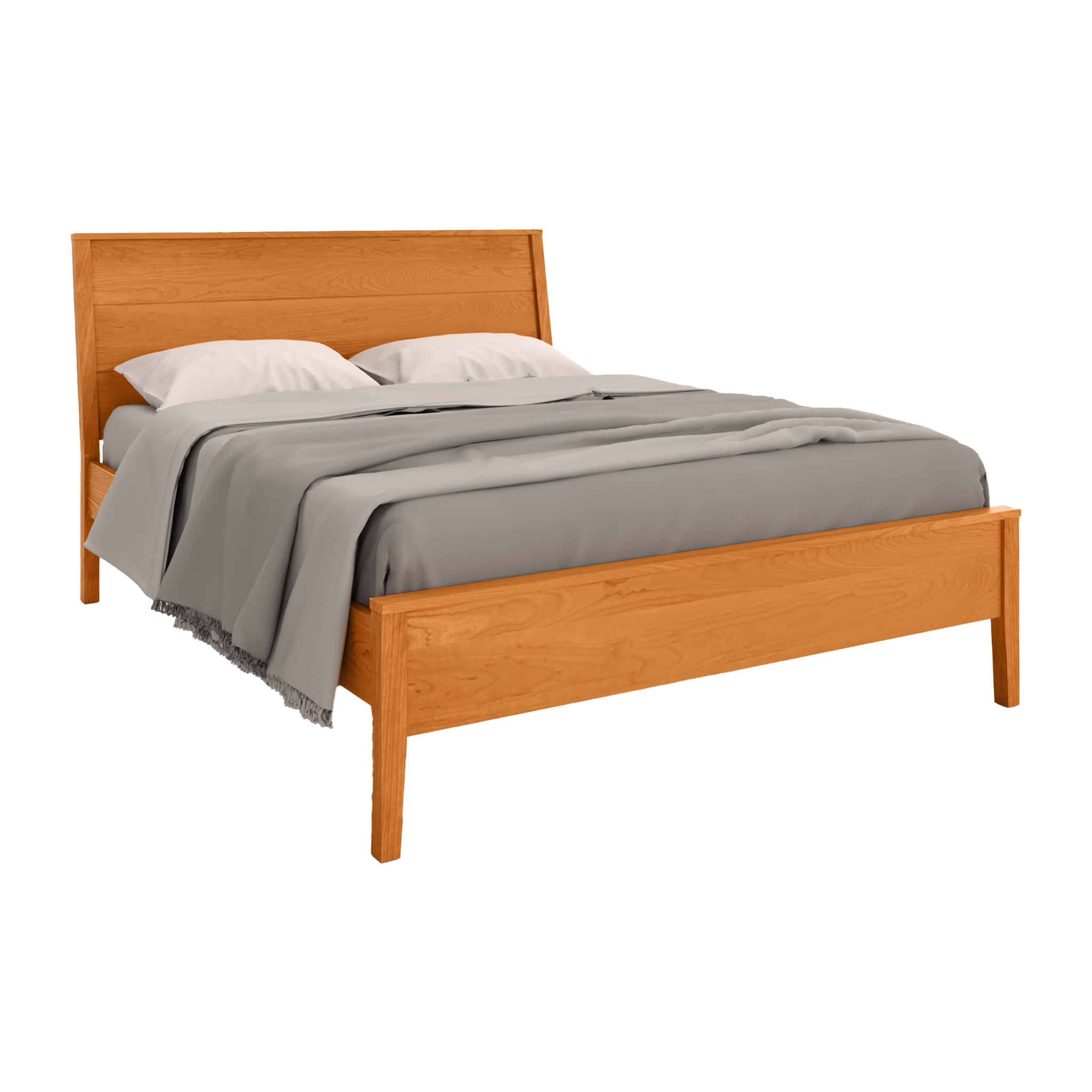 Modern Bed in sustainably harvested solid wood with grey mattress and pillows. 