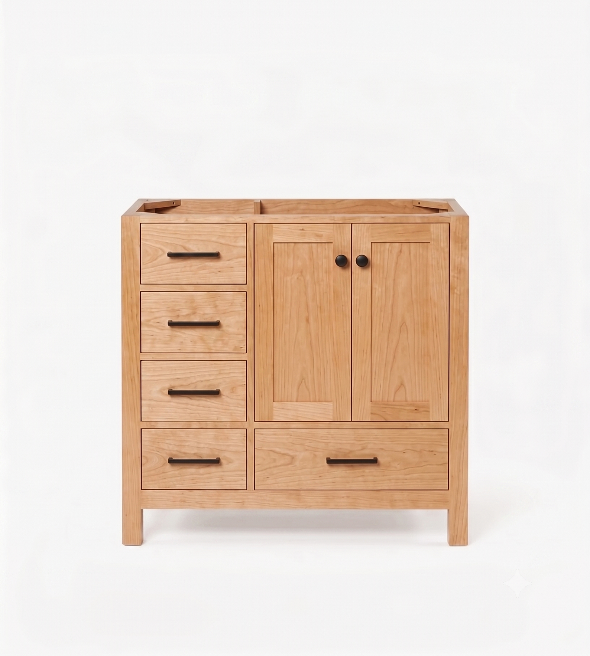 A light natural Cherry bathroom vanity cabinet with Five drawers, two doors with round black knobs, and a top-mounted sink basin, shown on a white background.